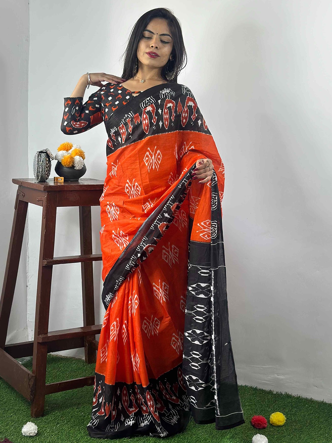 

HERE&NOW Pure Cotton Bagru Saree, Orange