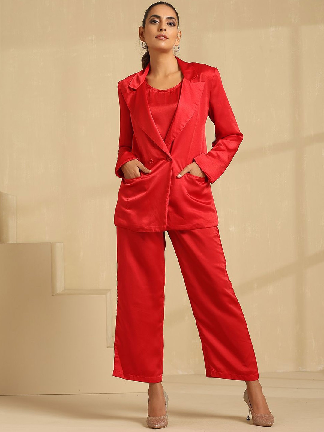 

indy Raaga Notched Lapel Collar Long Sleeves Coat With Trousers, Red