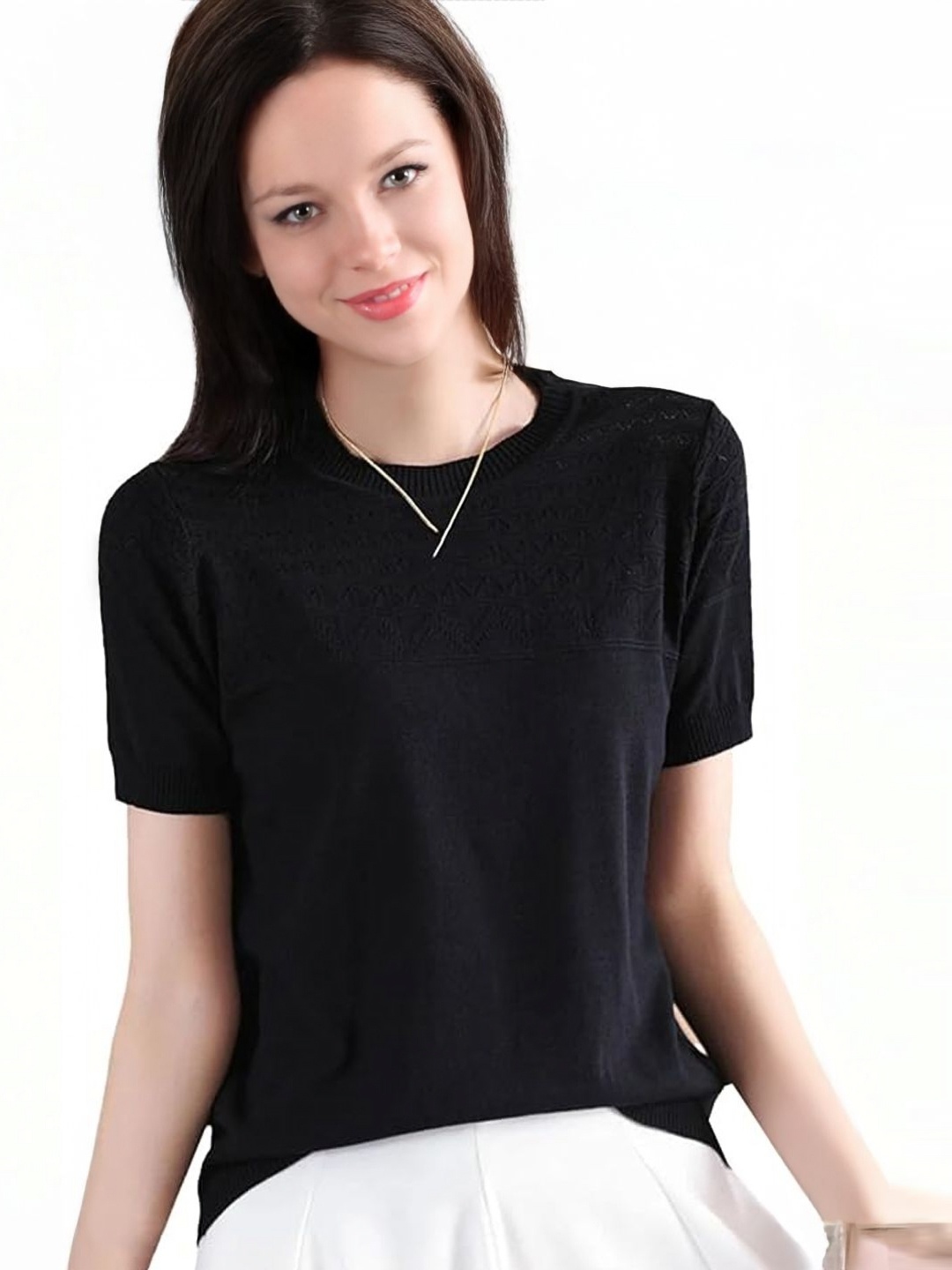 

StyleCast Women Self Design Round Neck Short Sleeves Casual T-shirt, Black