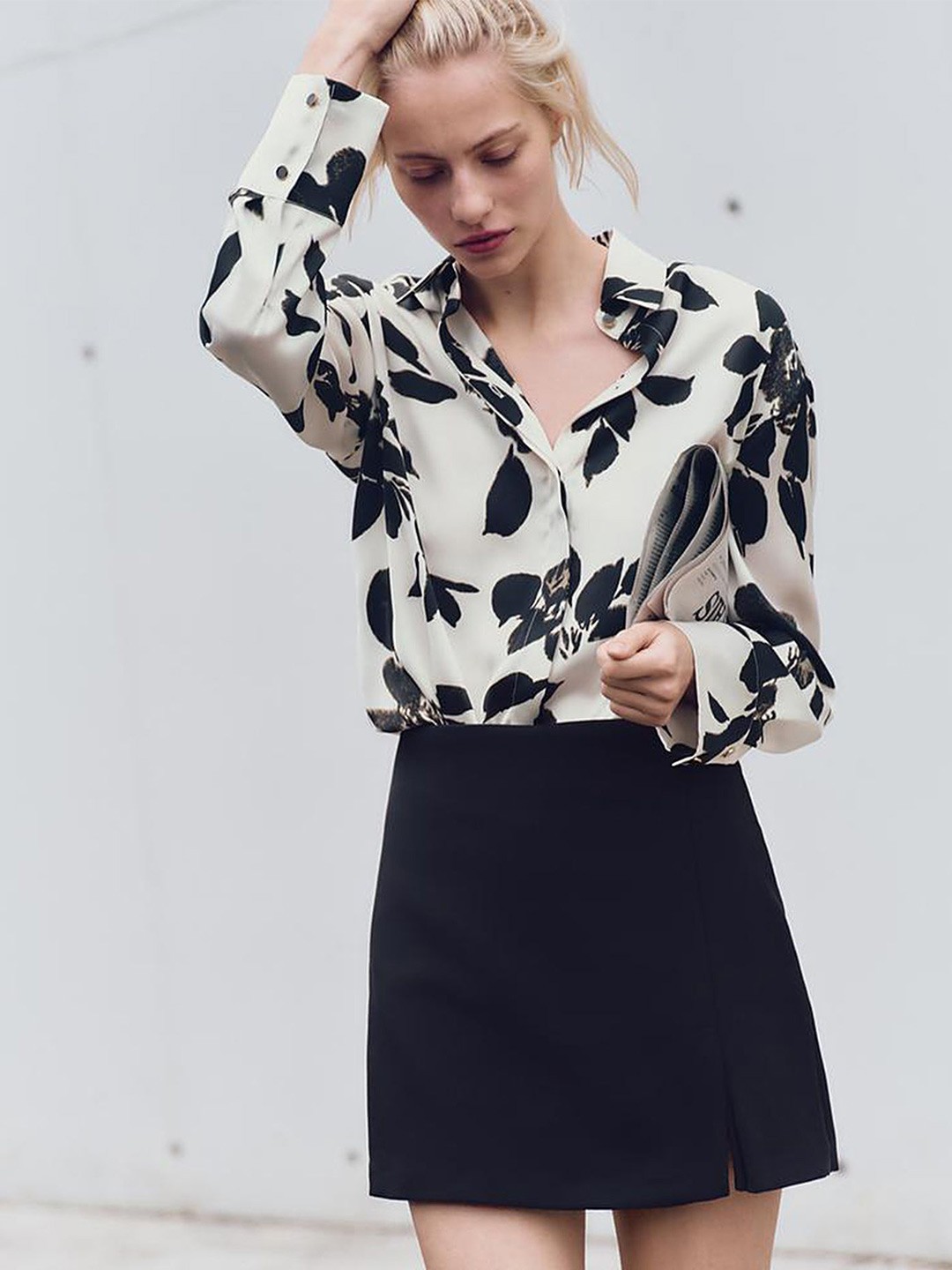 

LULU & SKY Floral Print Mandarin Collar Shirt Style Top, Beige