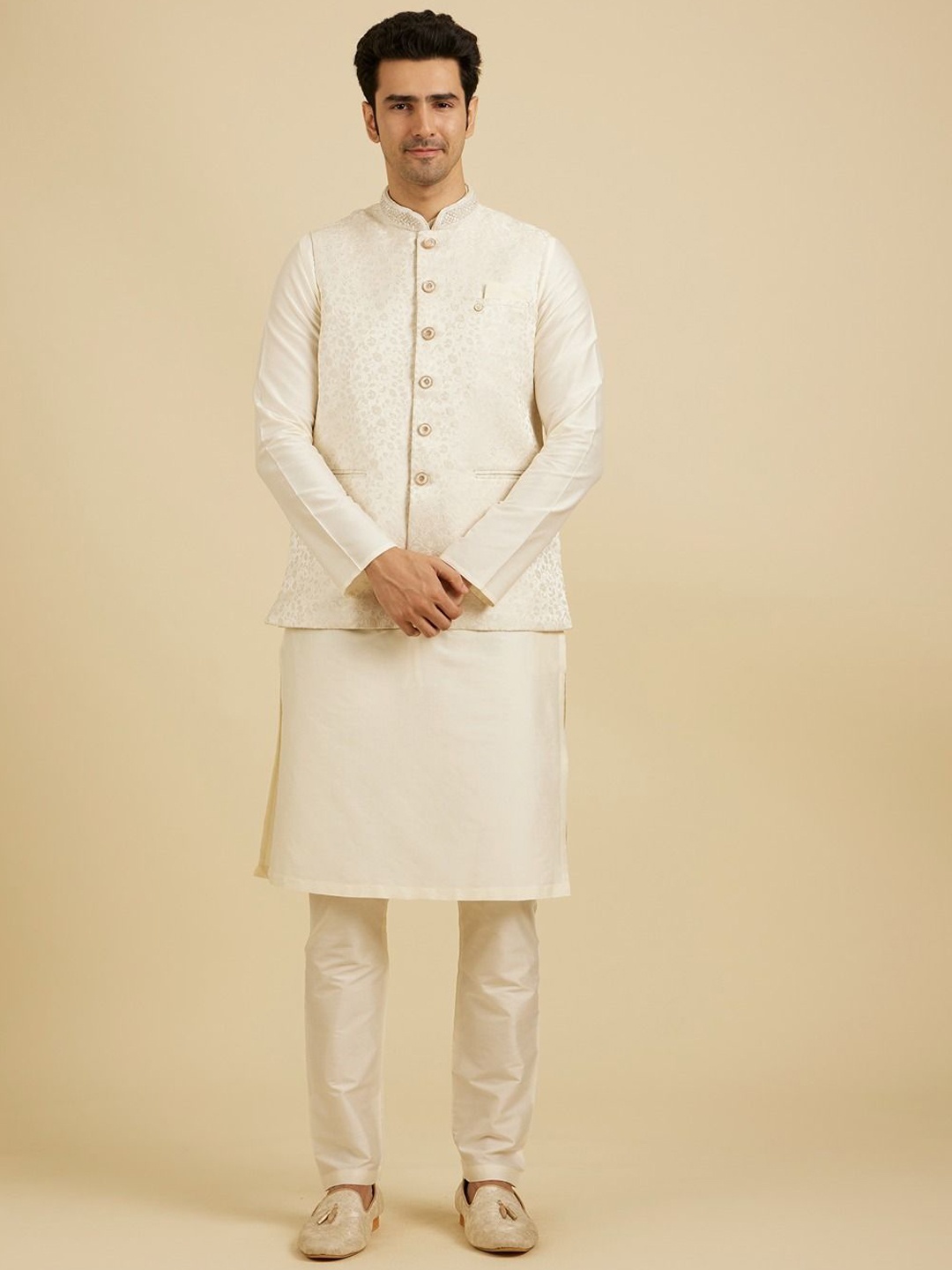 

Manyavar Embroidered Nehru Jackets, Cream