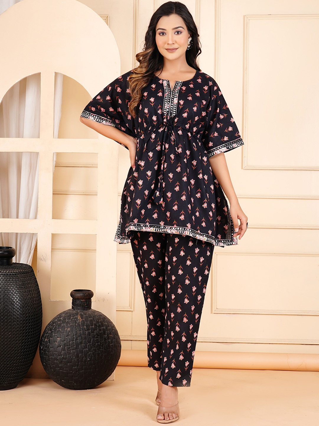 

KALINI Floral Printed Pure Cotton Kaftan With Trouser, Black