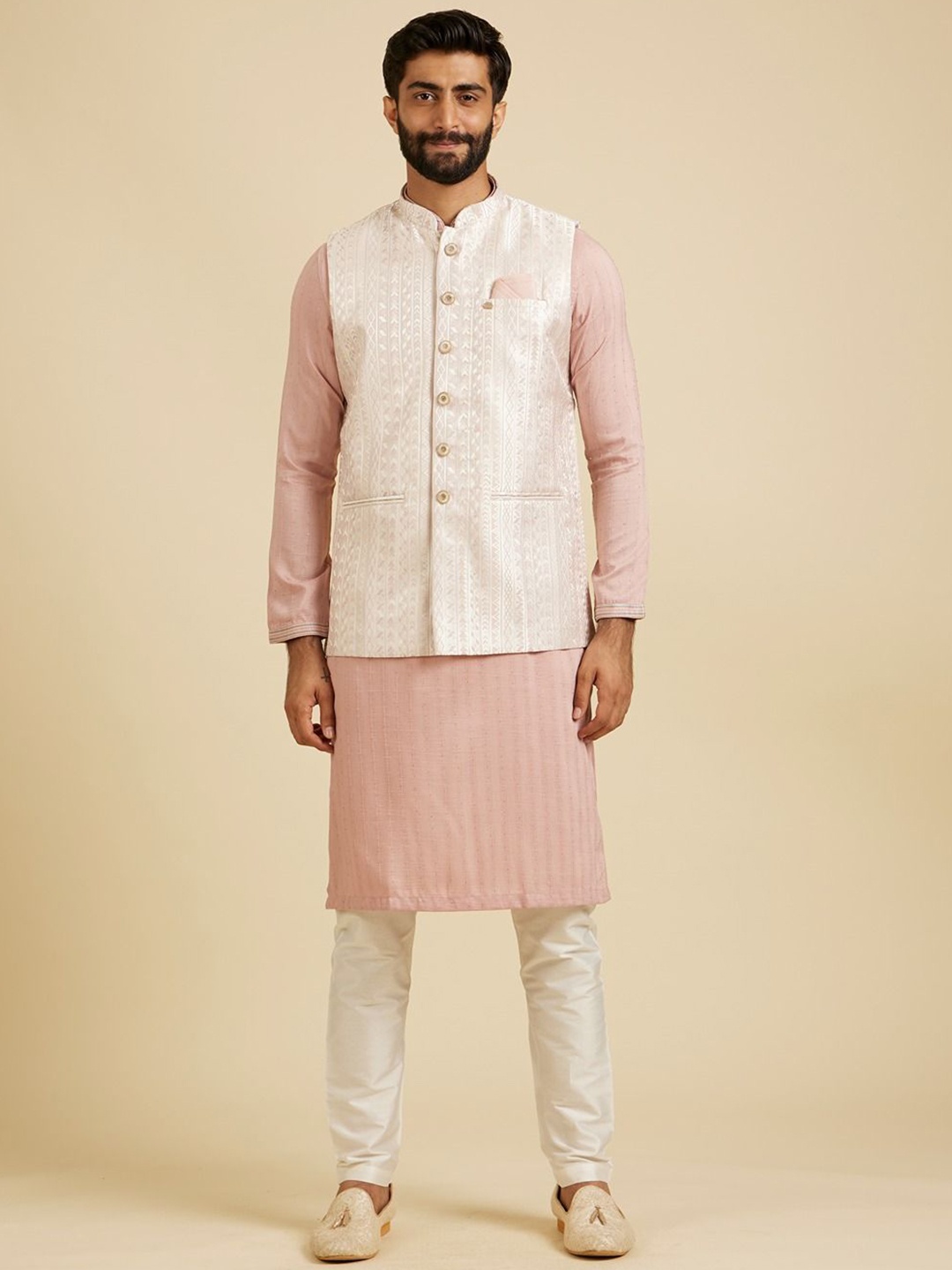 

Manyavar Embroidered Woven Nehru Jacket, Pink