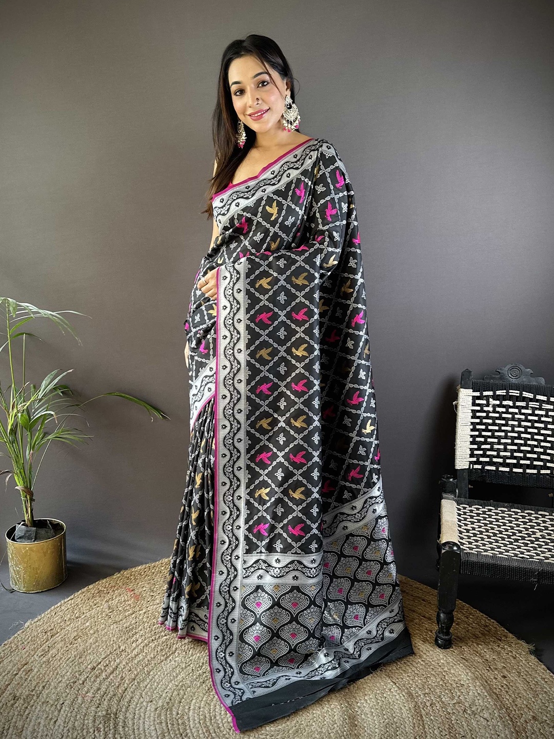 

Panzora Woven Design Zari Silk Blend Banarasi Saree, Black