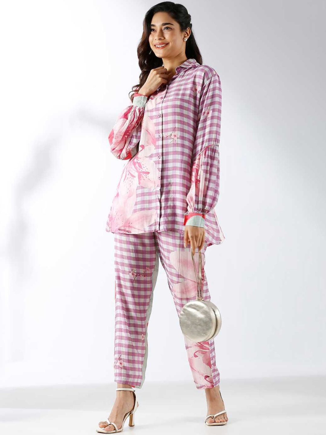 

Label Ishnya Checked Shirt Collar Shirt & Trousers Co-Ords, Purple