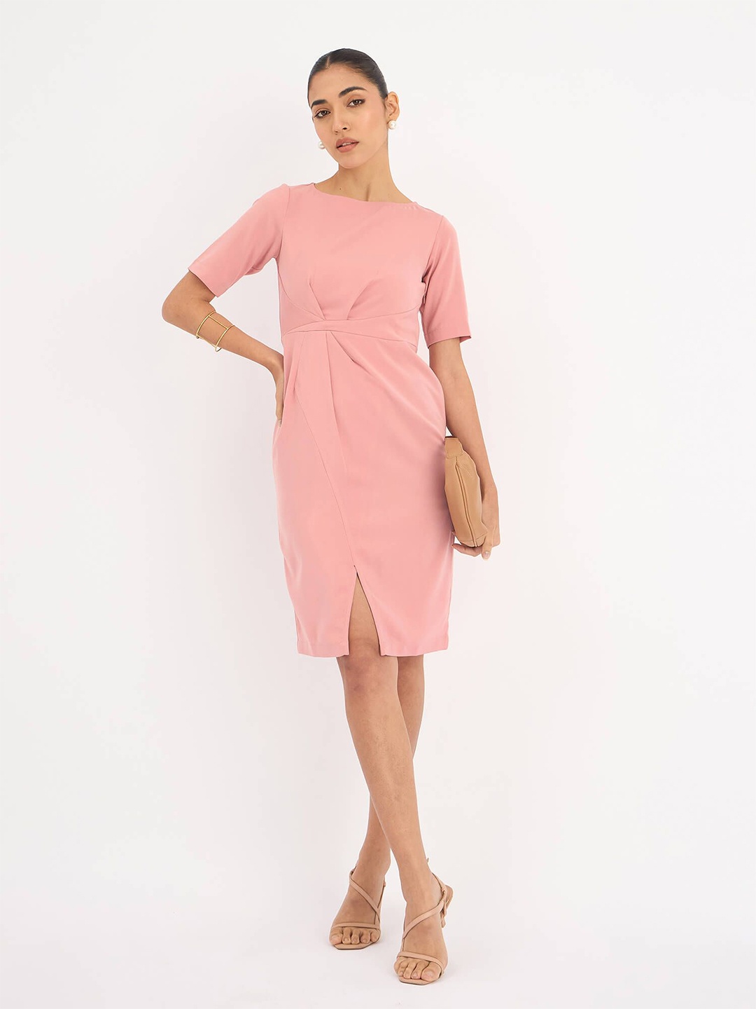 

SALT ATTIRE Women Boat Neck Formal Sheath Dress, Pink