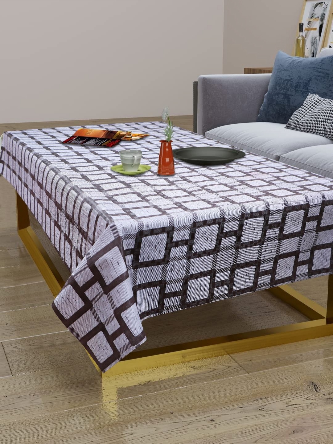 

LooMantha White & Grey Geometric Printed Waterproof Plastic 2-Seater Table Cover