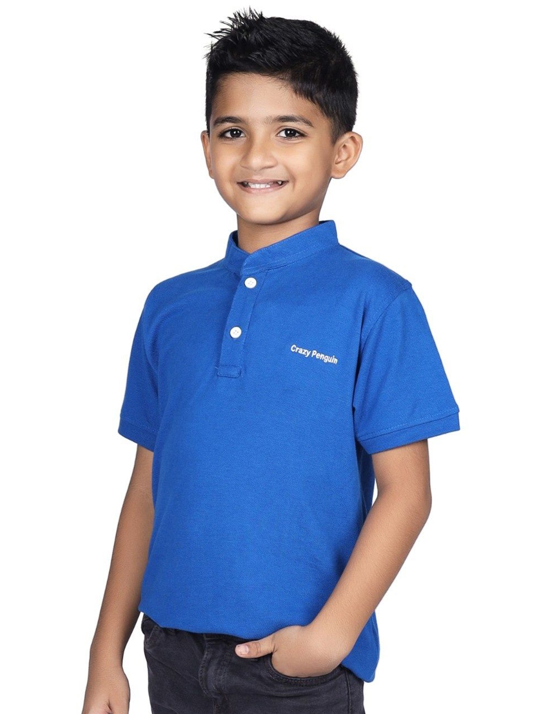 

CRAZYPENGUIN ELITE Boys Solid Mandarin Collar Cotton Relaxed Fit T-shirt, Blue
