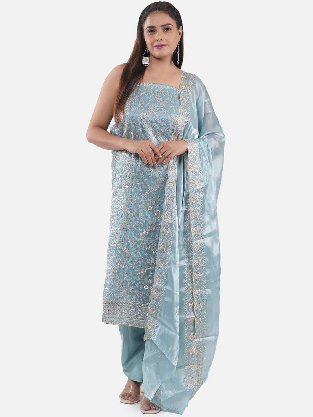 

MOZAFIA Floral Embroidered Zari Art Silk Unstitched Dress Material, Sea green