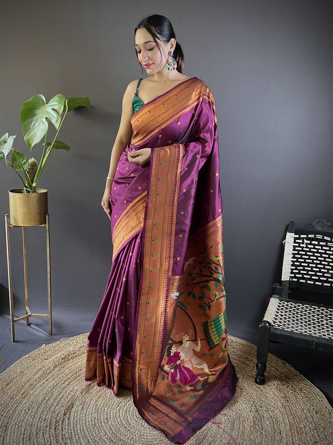 

Panzora Woven Design Zari Silk Blend Paithani Saree, Purple