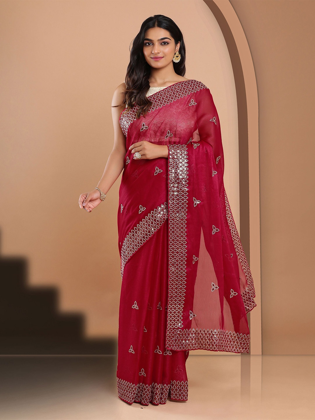 

Kalyan Silks Embellished Beads and Stones Organza Saree, Red