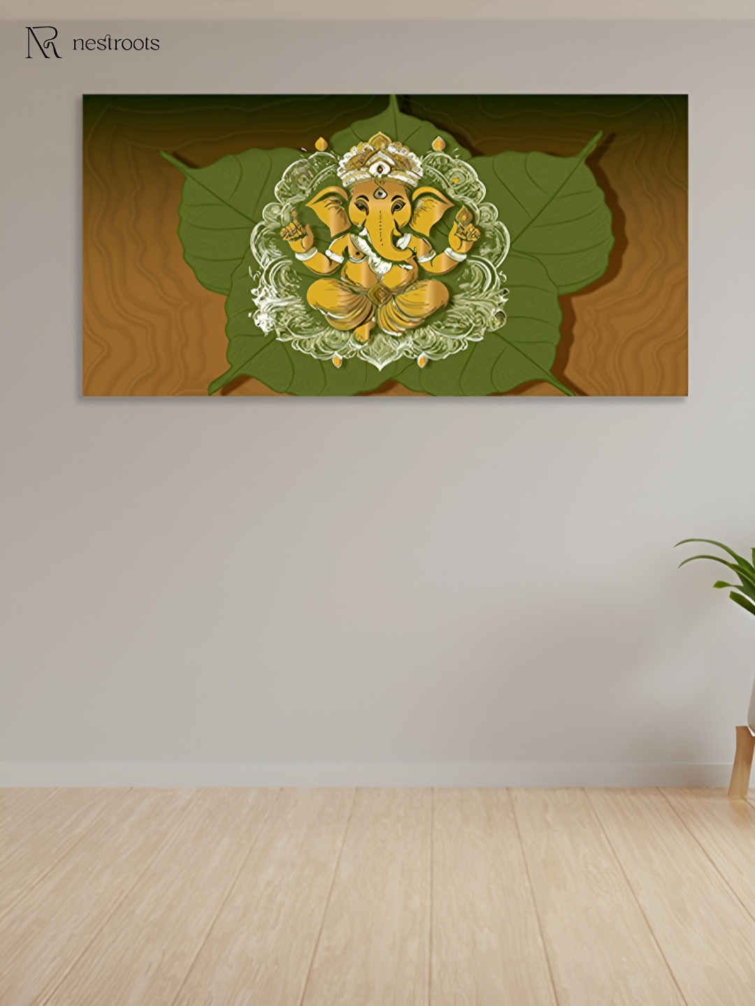 

nestroots Brown & Green Divine Ganesha on Peepal Leaf Care Canvas Painting Wall Art