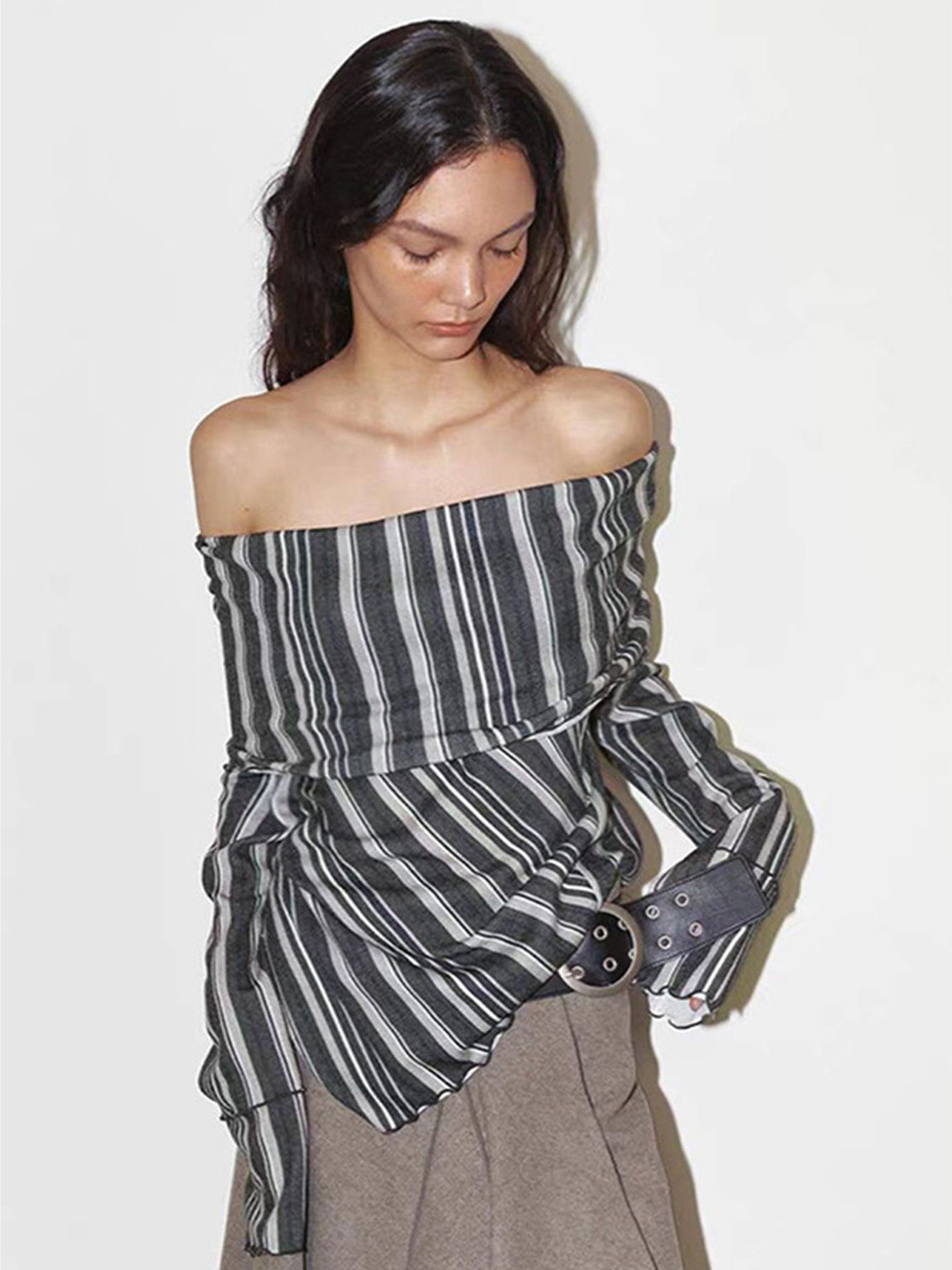 

LULU & SKY Striped Off-Shoulder Bell Sleeve Bardot Top, Grey