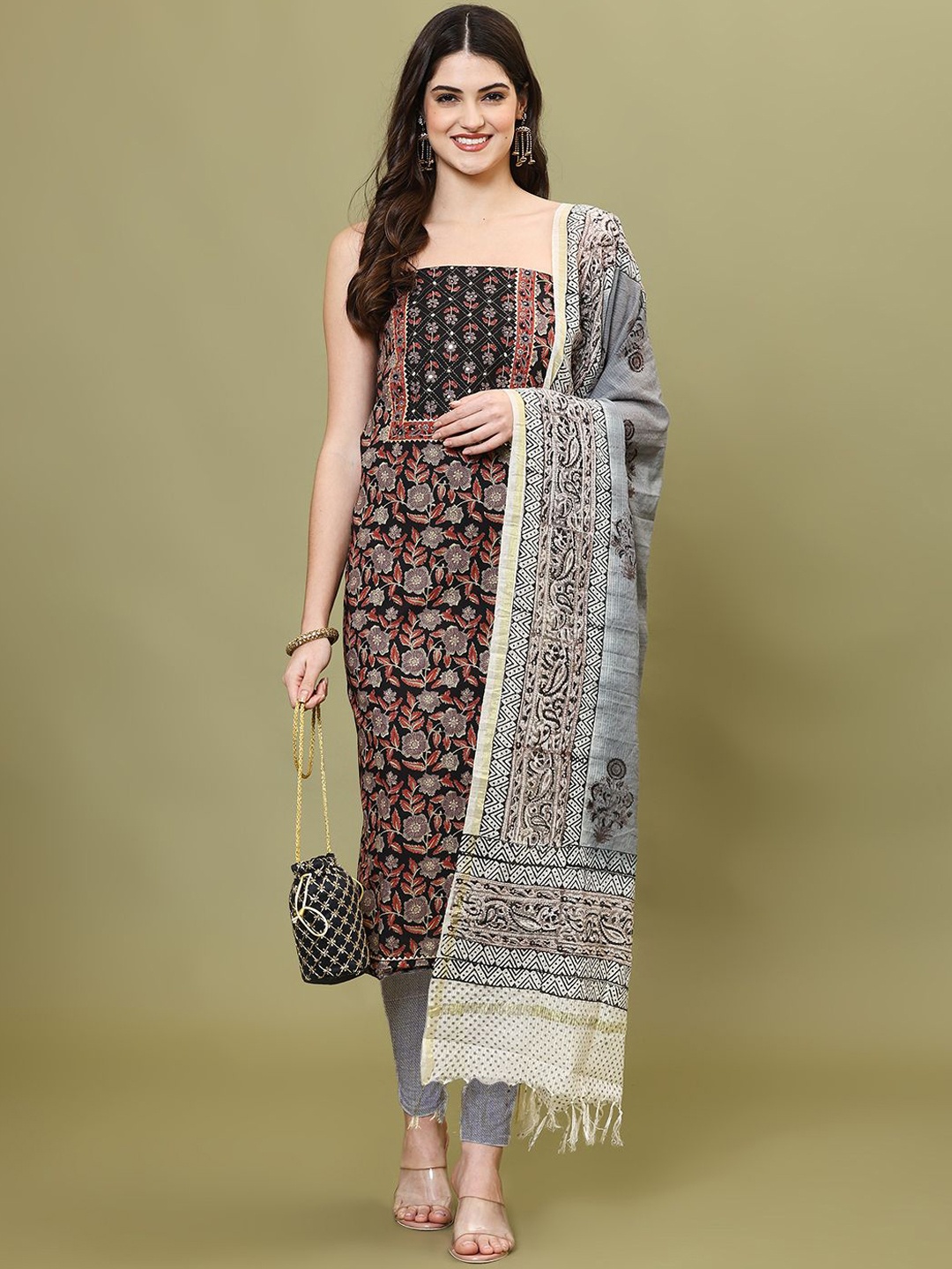 

Meena Bazaar Printed Unstitched Dress Material, Black