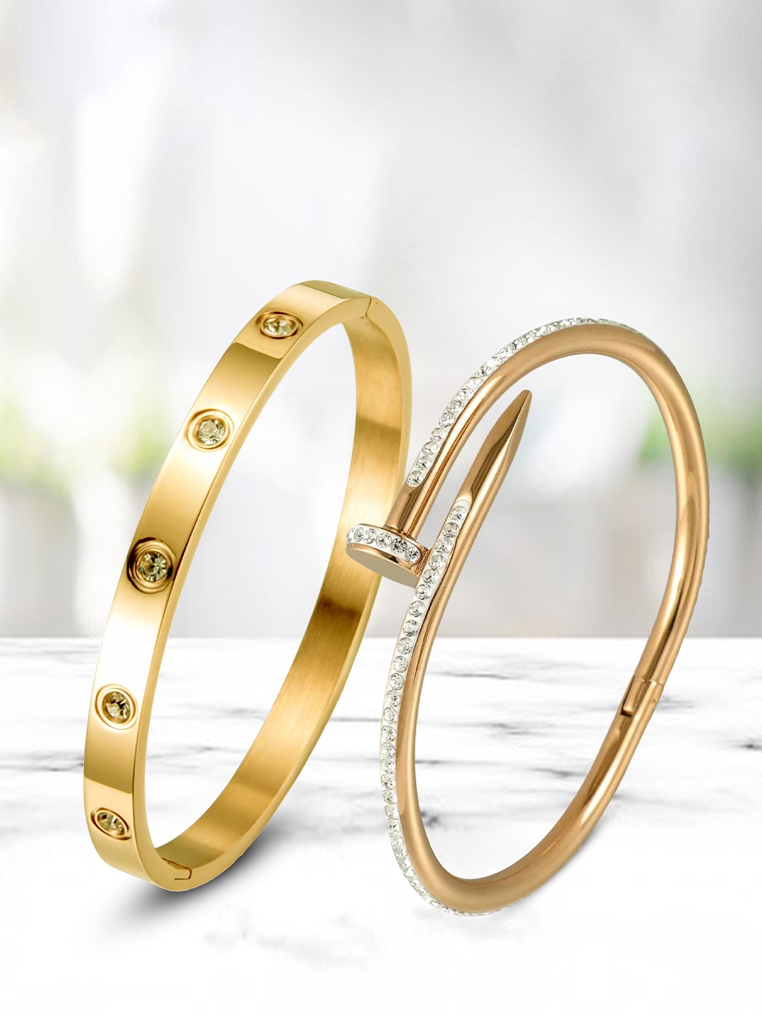 

MEENAZ Set Of 2 Gold-Plated AD Studded Stainless Steel Anti Tarnish Kada Bracelet