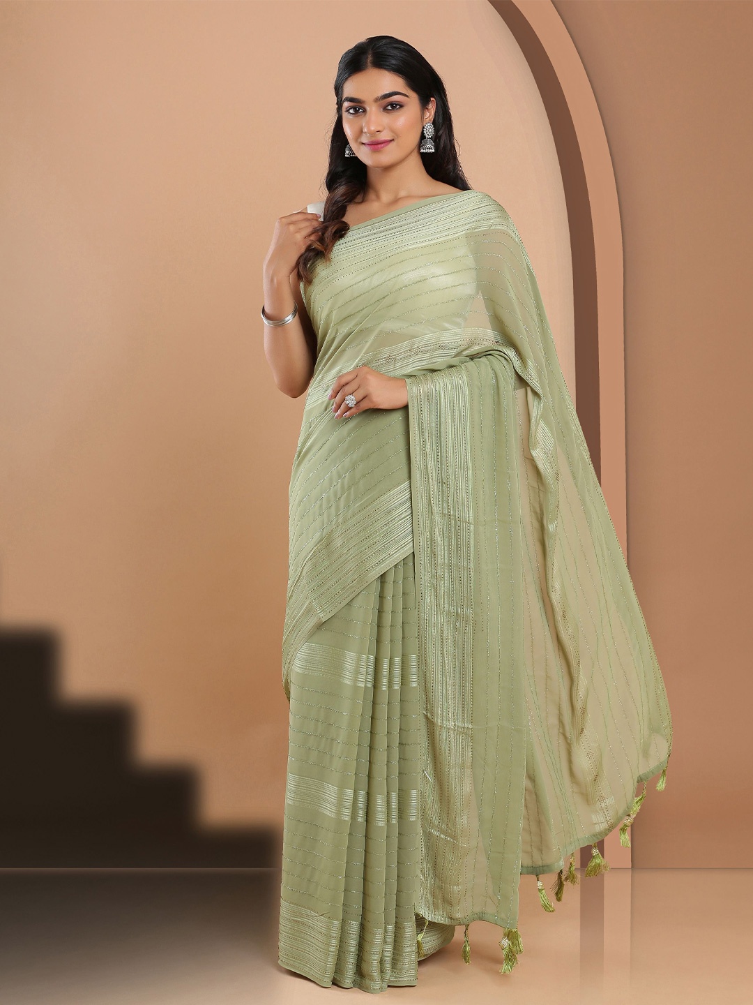 

Kalyan Silks Striped Sequinned Poly Georgette Saree, Olive