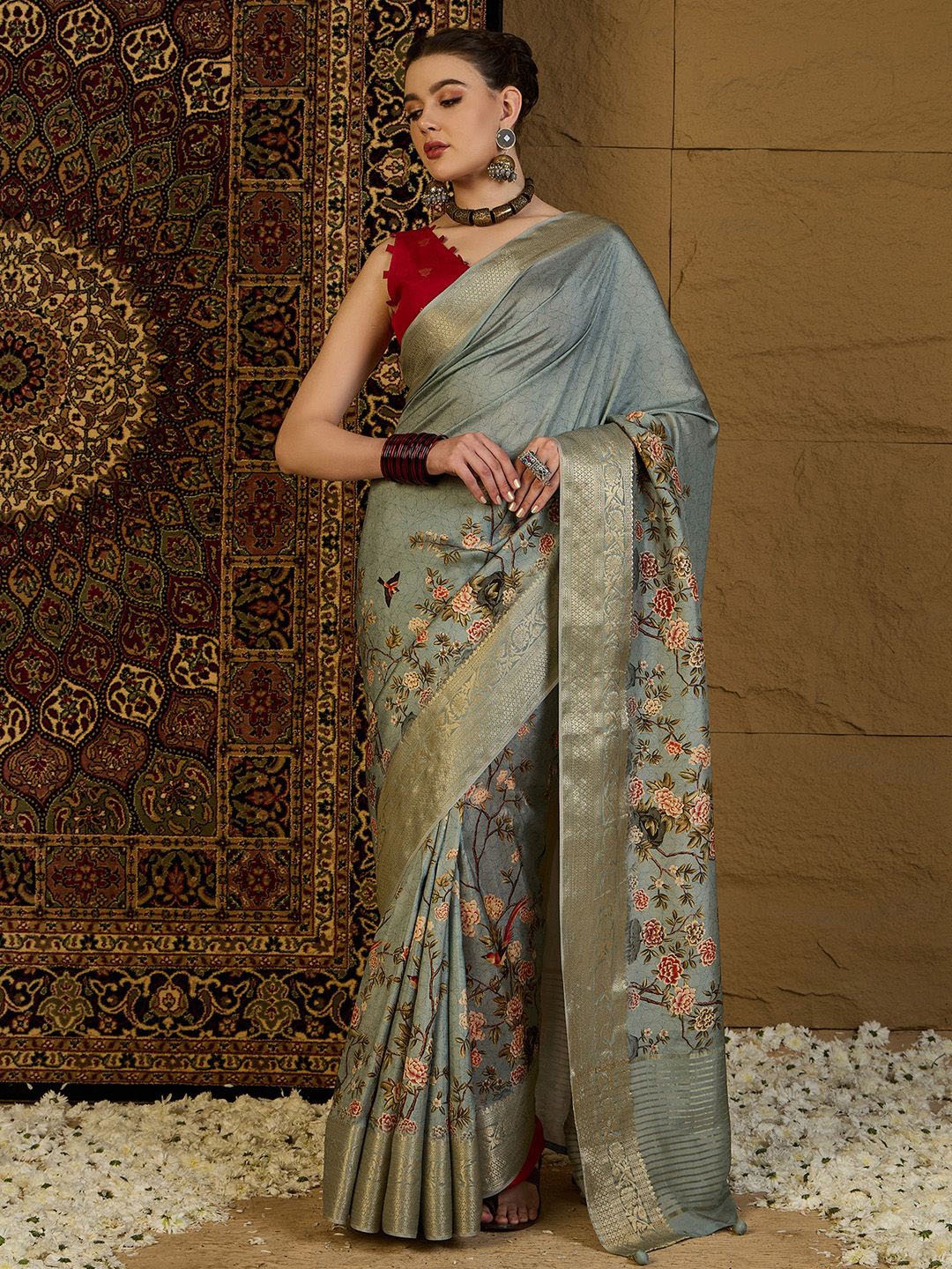 

Anouk Floral Zari Silk Blend Sungudi Saree, Grey