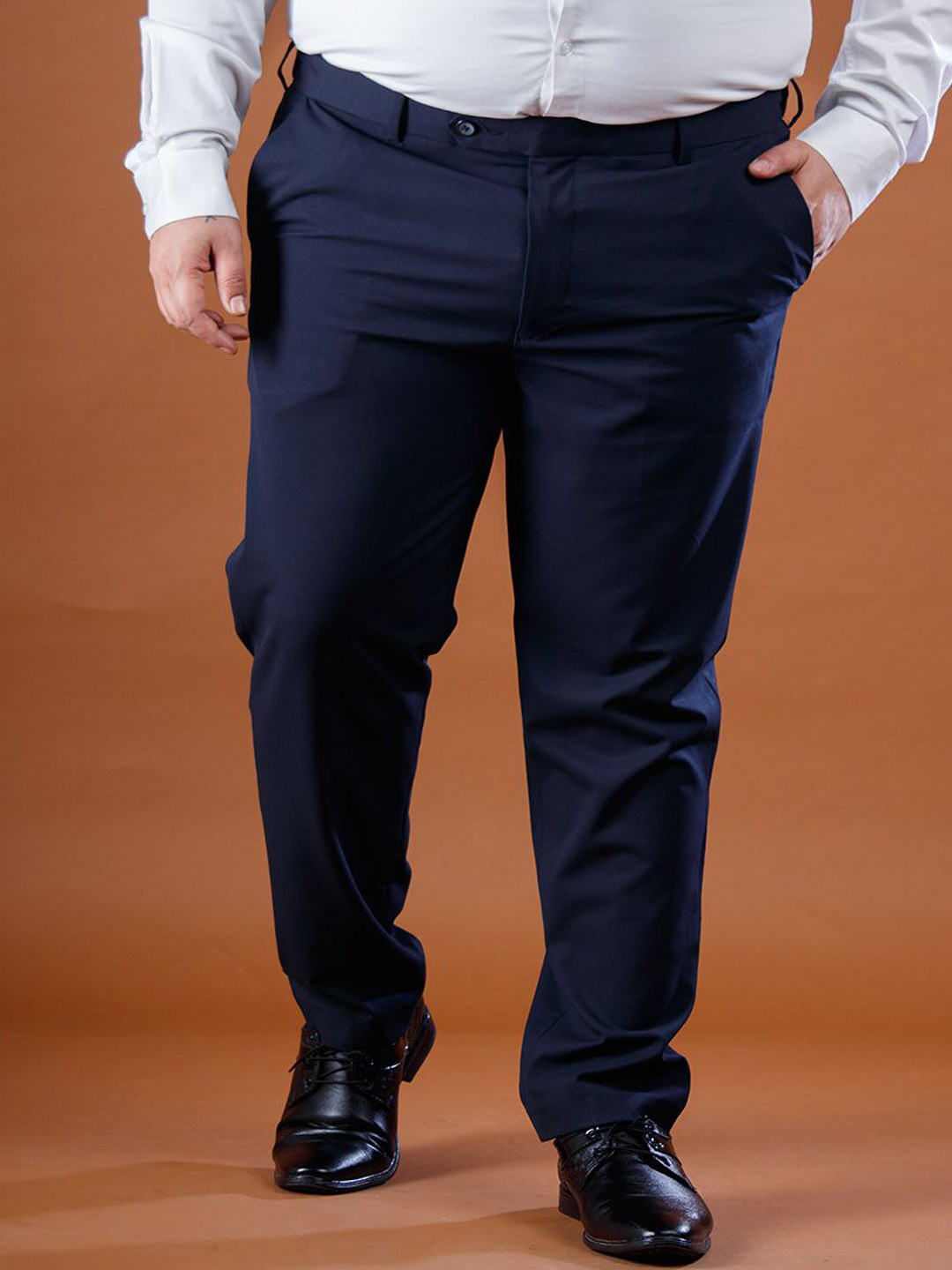 

Muffynn Men Cotton Relaxed Straight Leg Straight Fit Plus Size Formal Trousers, Navy blue