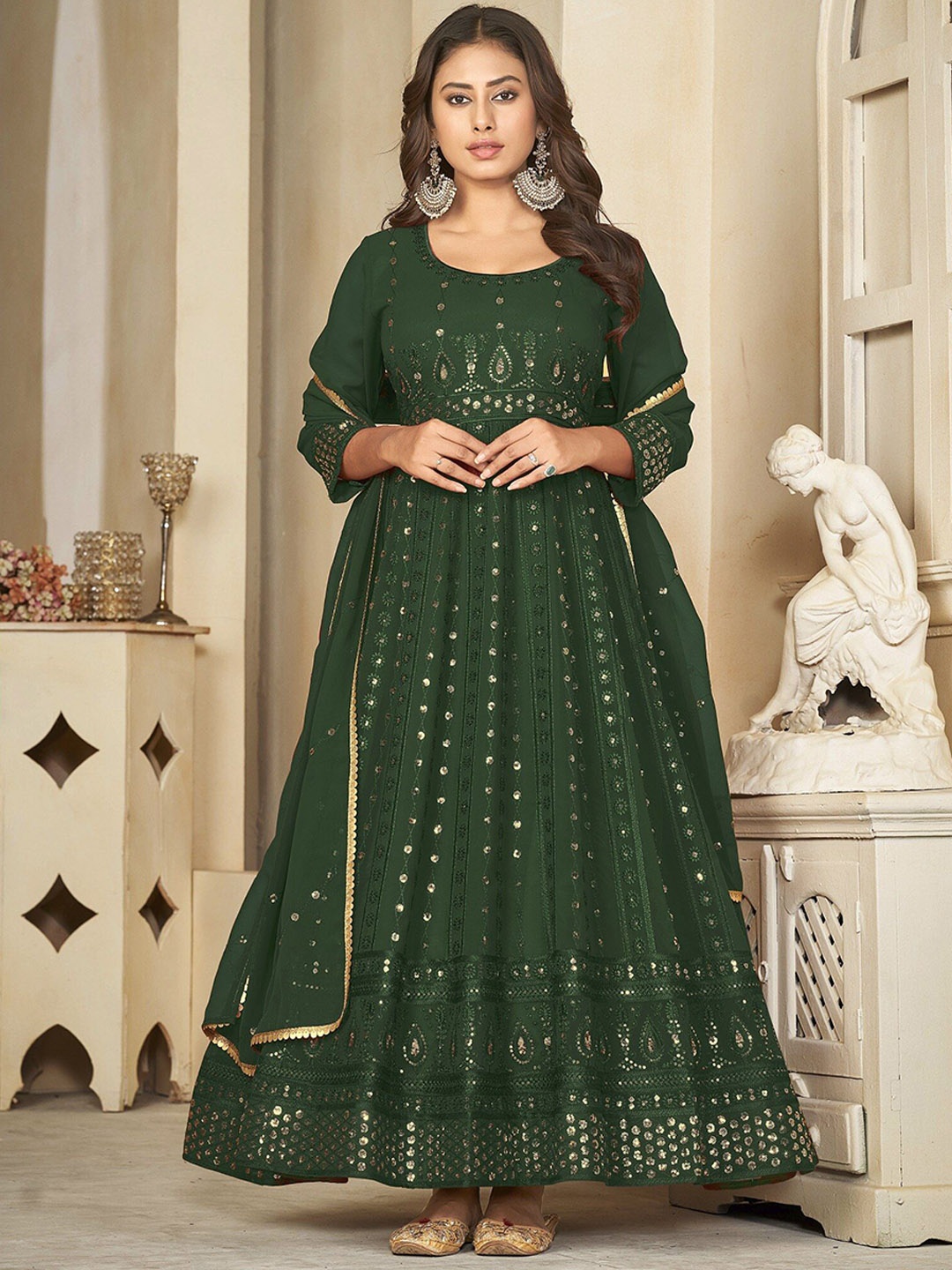 

Warthy Ent Floral Embroidered Mirror Work Georgette Semi-Stitched Dress Material, Green