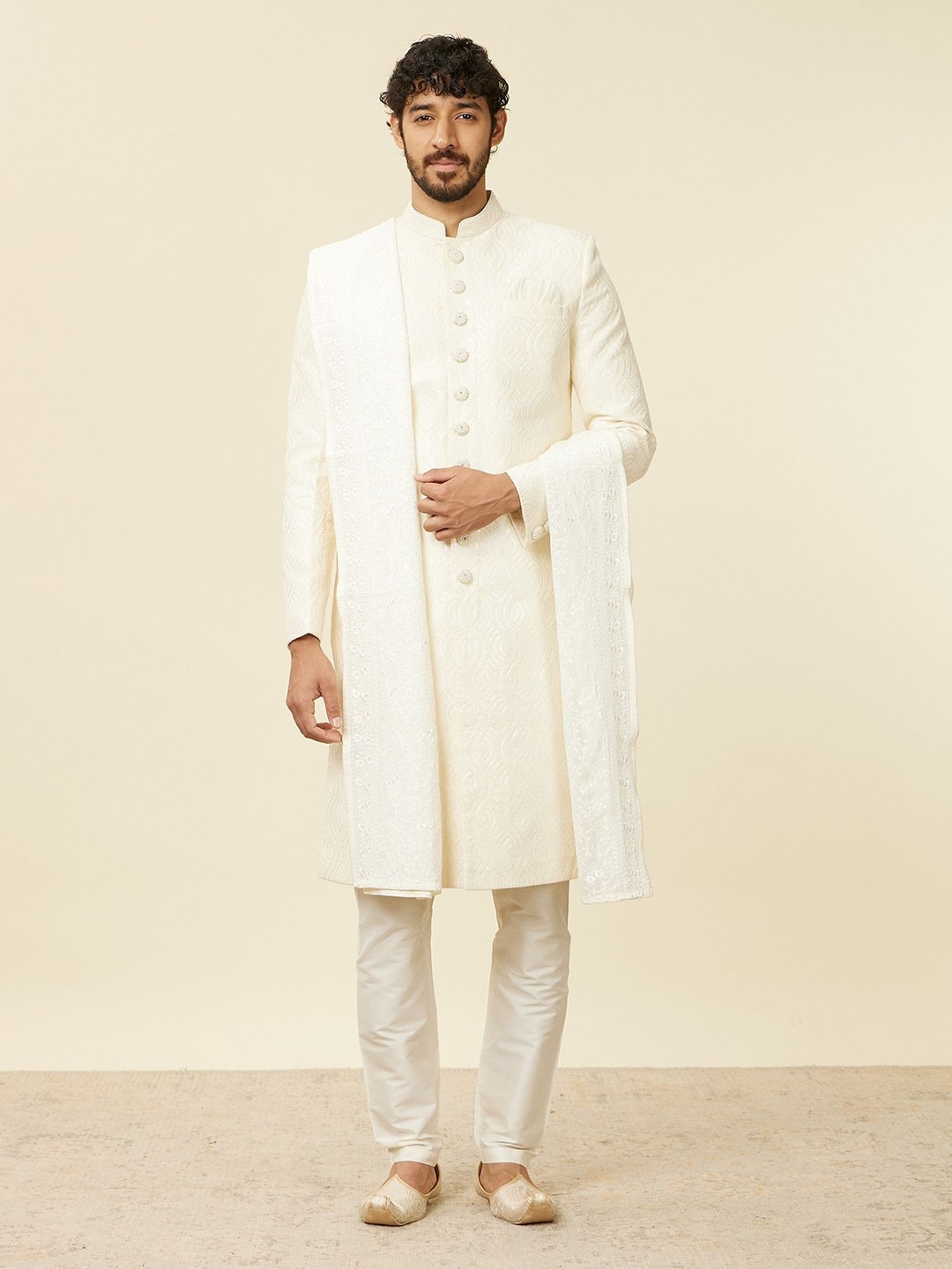 

Manyavar Men Embroidered Dupatta with Thread Work, Cream