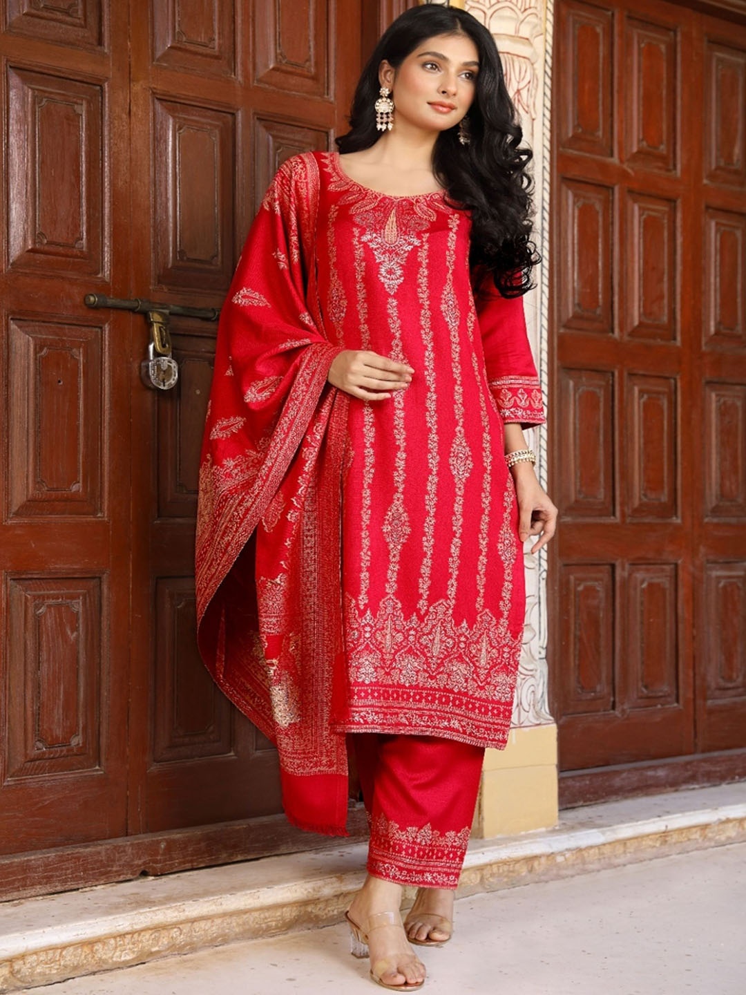 

KIDAR Round Neck Ethnic Motifs Woven Design Cotton Silk Kurta with Trousers & Dupatta, Pink