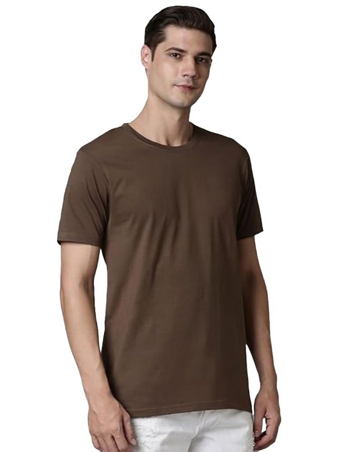 

VIXENLY Men Round Neck Solid T-shirt, Brown