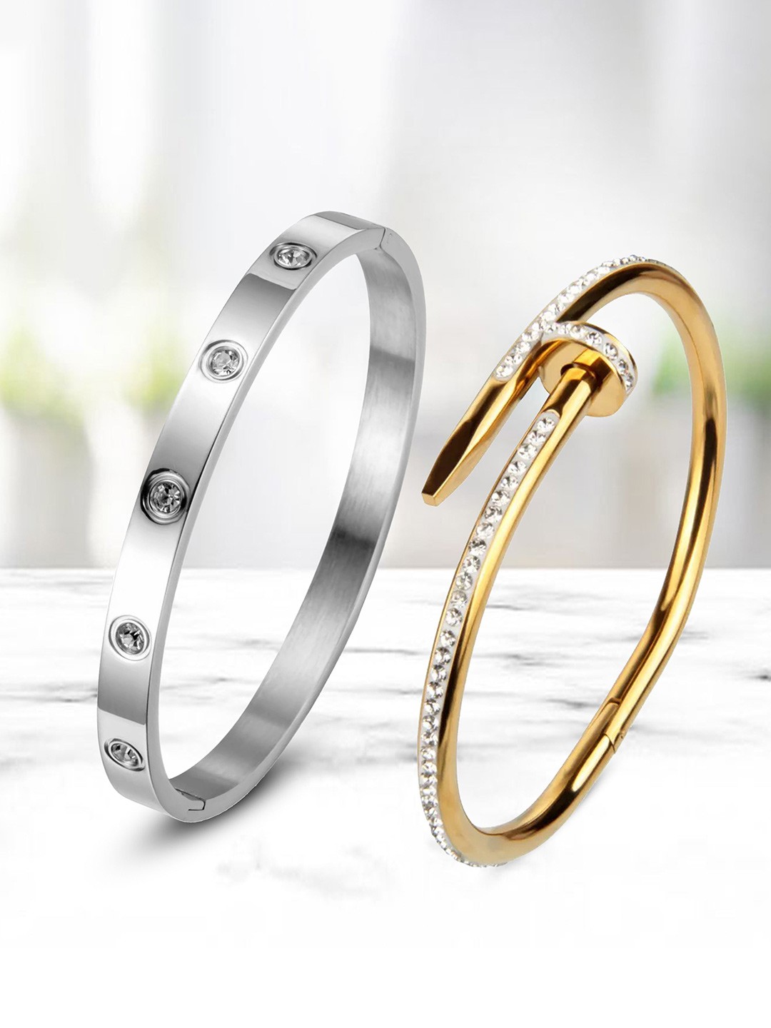 

MEENAZ Women Pack Of 2 American Diamond Silver-Plated Anti Tarnish Kada Bracelet