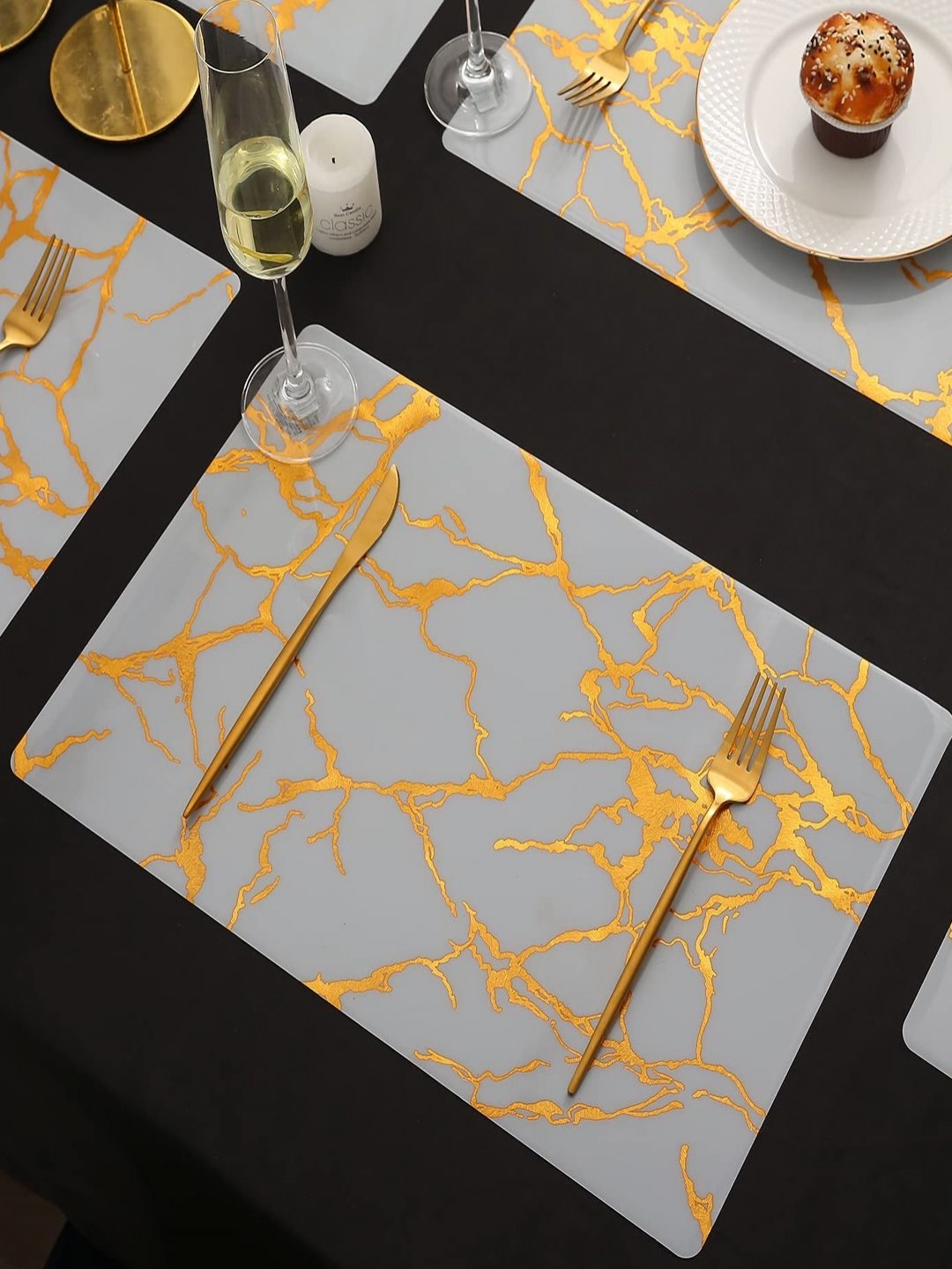 

HOKIPO White & Gold-Toned 6 Pieces Abstract Printed Shining Dining Table Placemats