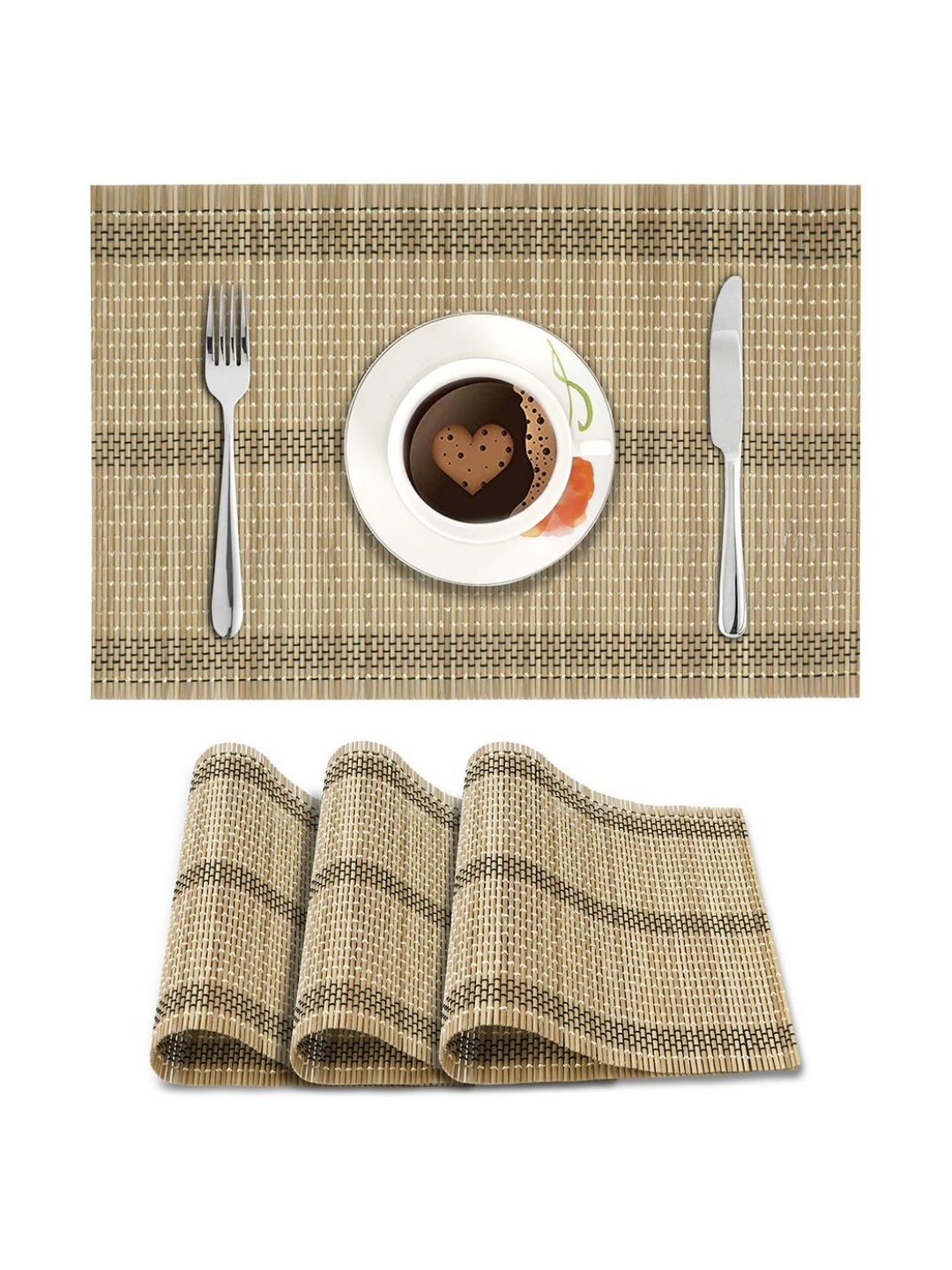 

HOKIPO Brown 4 Pieces Striped Rectangle Bamboo Non Slip Table Placemats, Beige