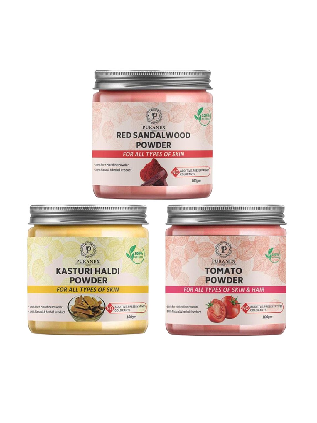 

Puranex 3Pc Natural & Pure Red Sandal Wood, Kasturi Haldi & Tomato Powder - 100 gm Each, White