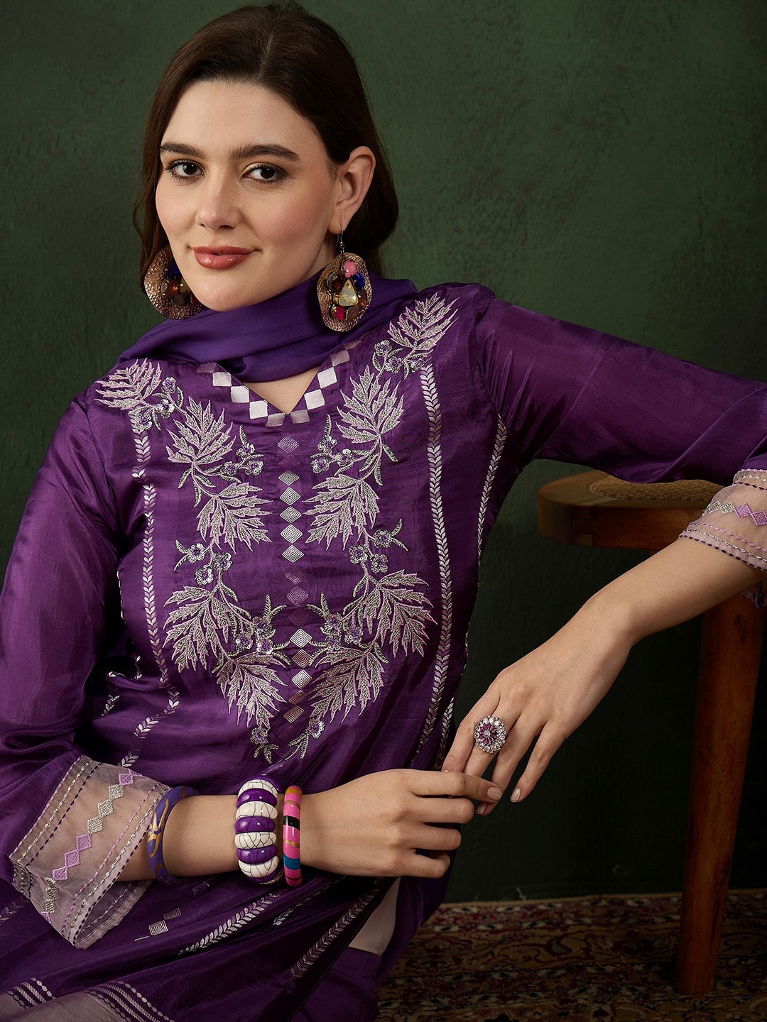 

Sangria Embroidered Kurta & Trouser With Dupatta, Purple