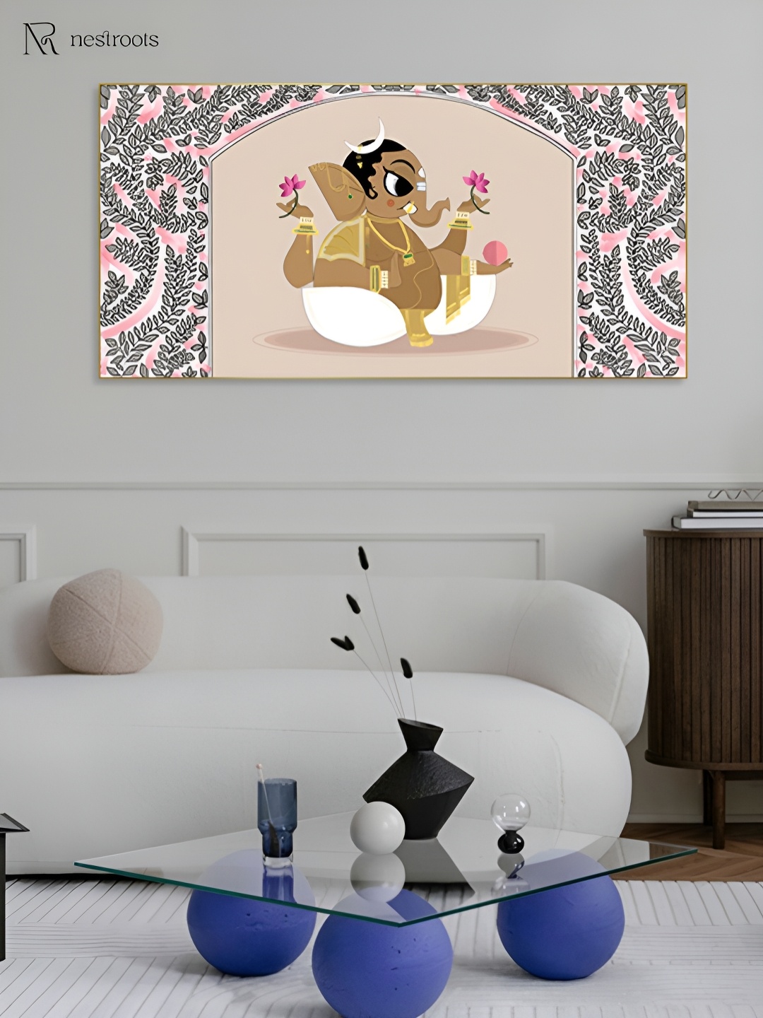 

nestroots Grey & Pink Ganpati in elegance Care Canvas Religious Wall Painting