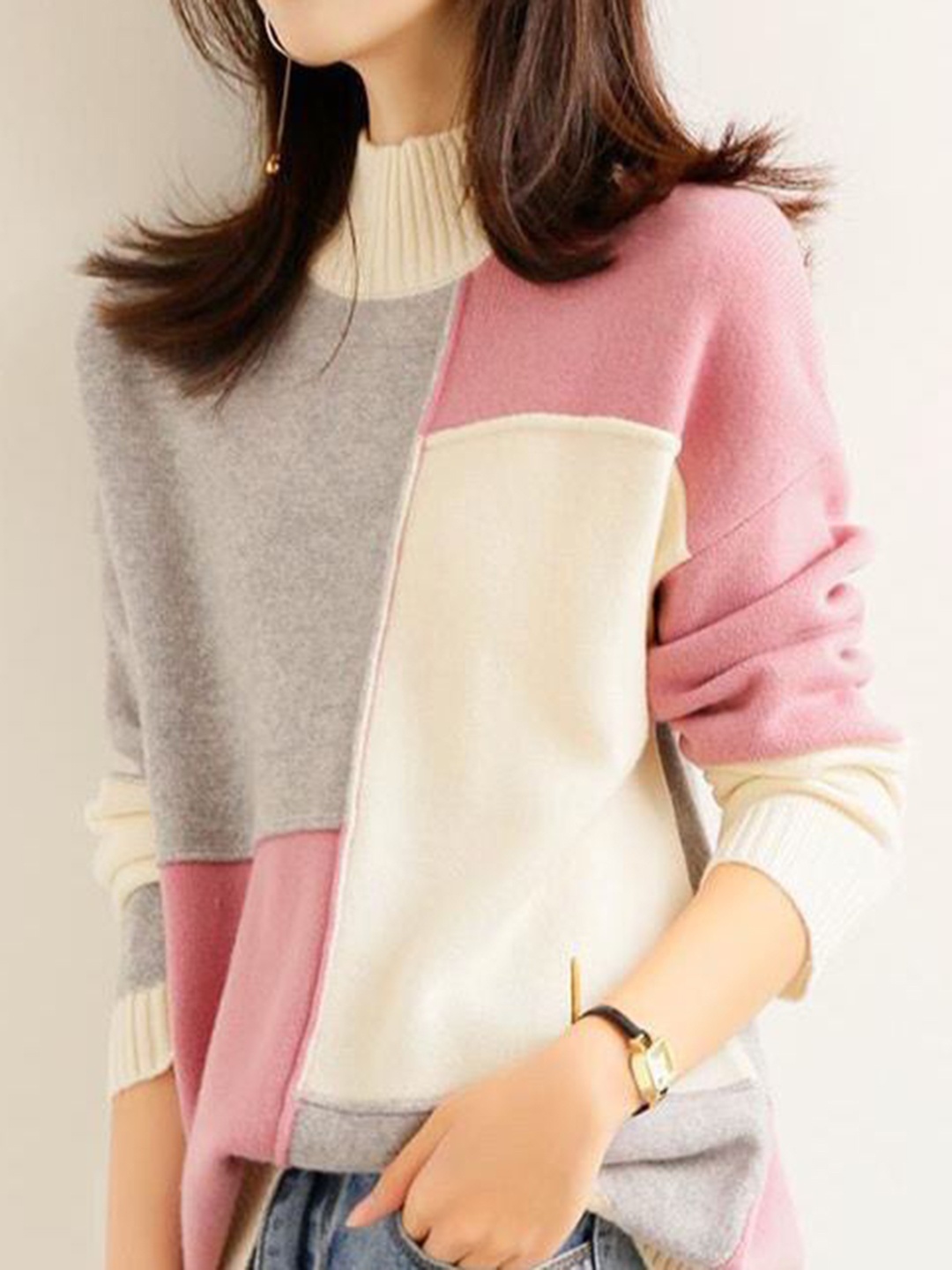 

StyleCast Women Winter Wearing Colourblocked High Neck Long Sleeves Tops, Cream