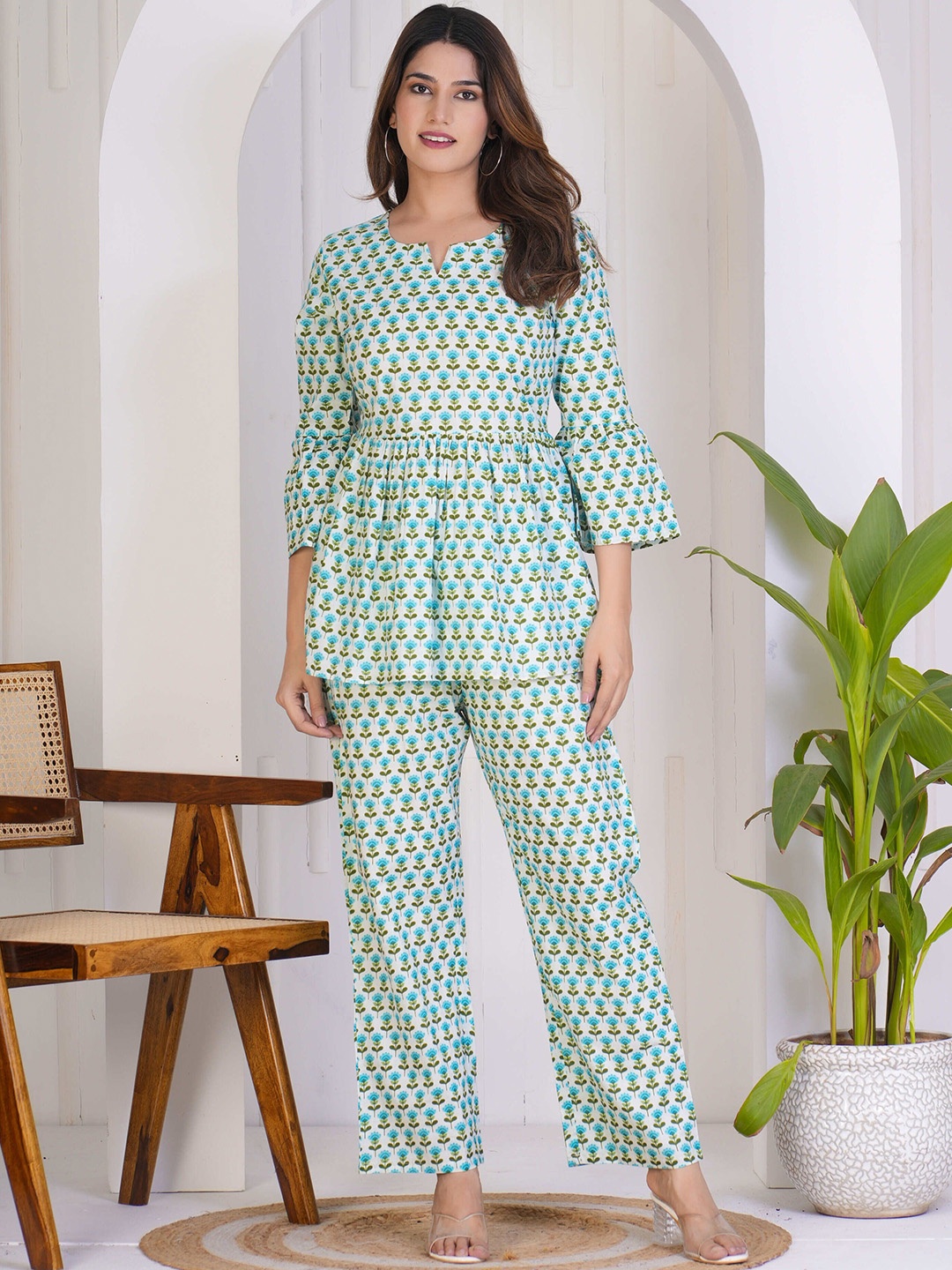 

KALINI Printed Top With Trouser Co-Ords, White