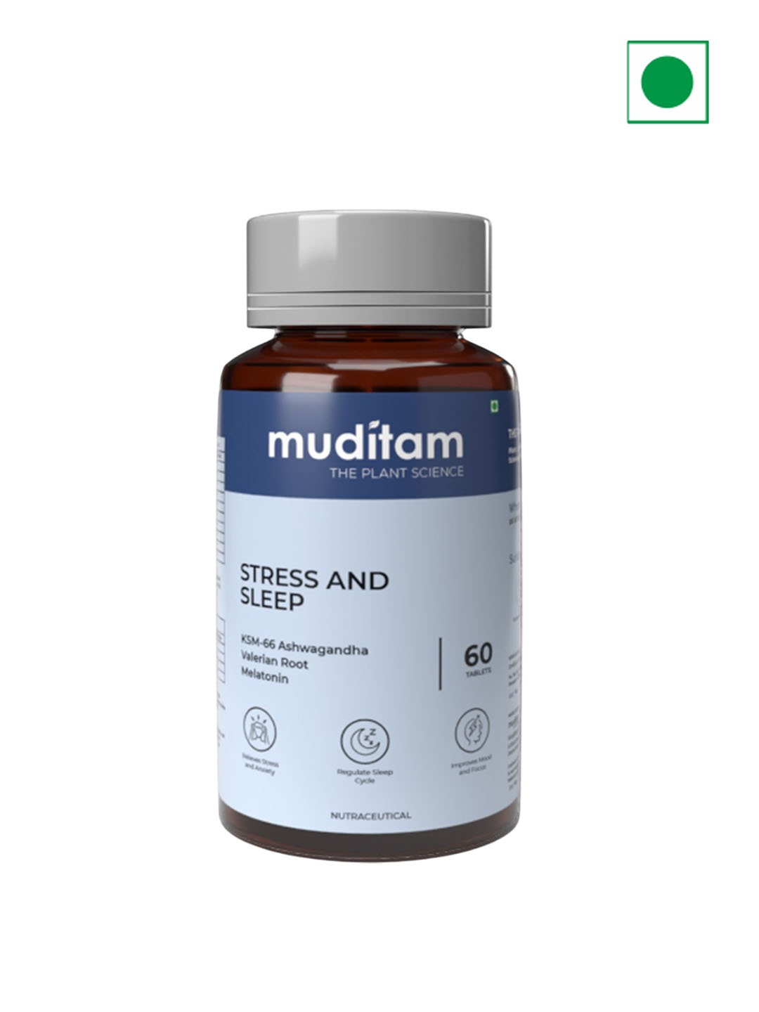

Muditam Stress & Sleep Tablets With KM-66 Ashwagandha - 60 Tablets, White