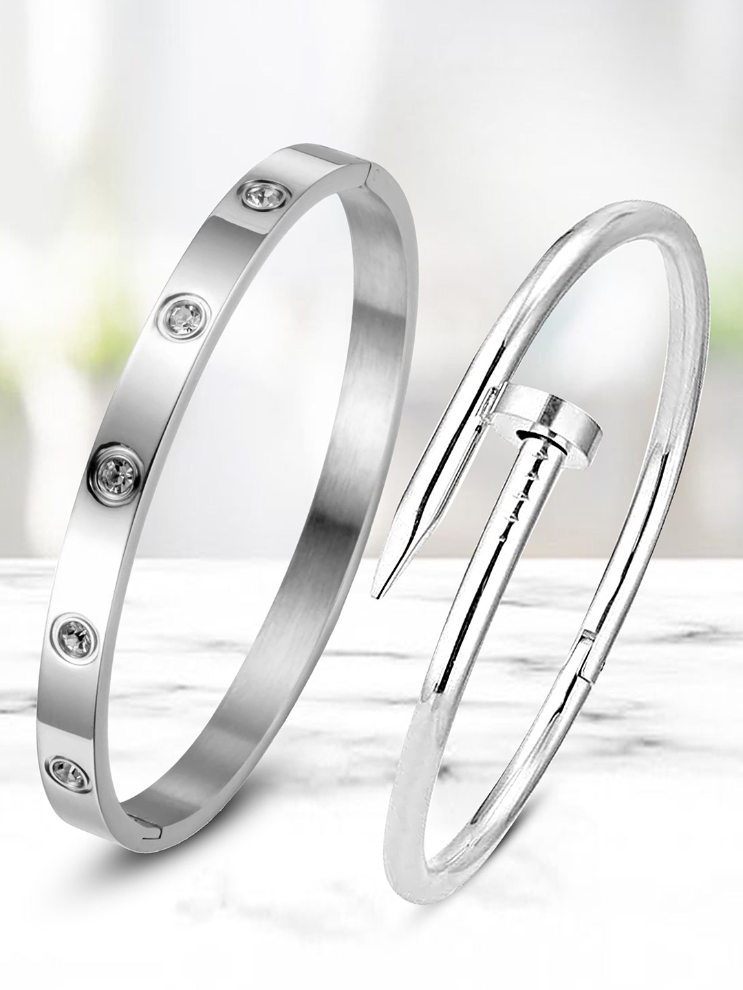 

DIVASTRI Set Of 2 Silver-Plated AD Studded Stainless Steel Anti Tarnish Kada Bracelet