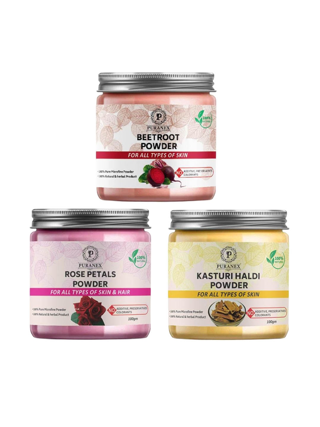 

Puranex Set Of 3 Kasturi Haldi, Rose Petals & Beetroot Powder - 100 gm Each, White