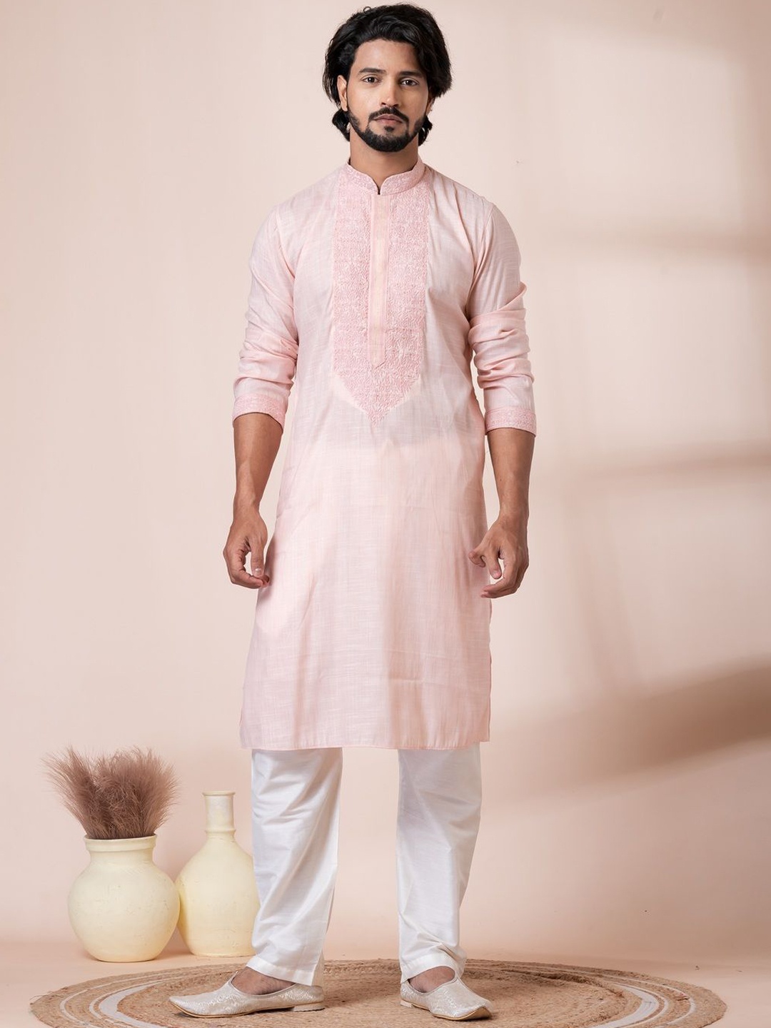 

HU - Handcrafted Uniquely Men Yoke Design Kurta, Pink