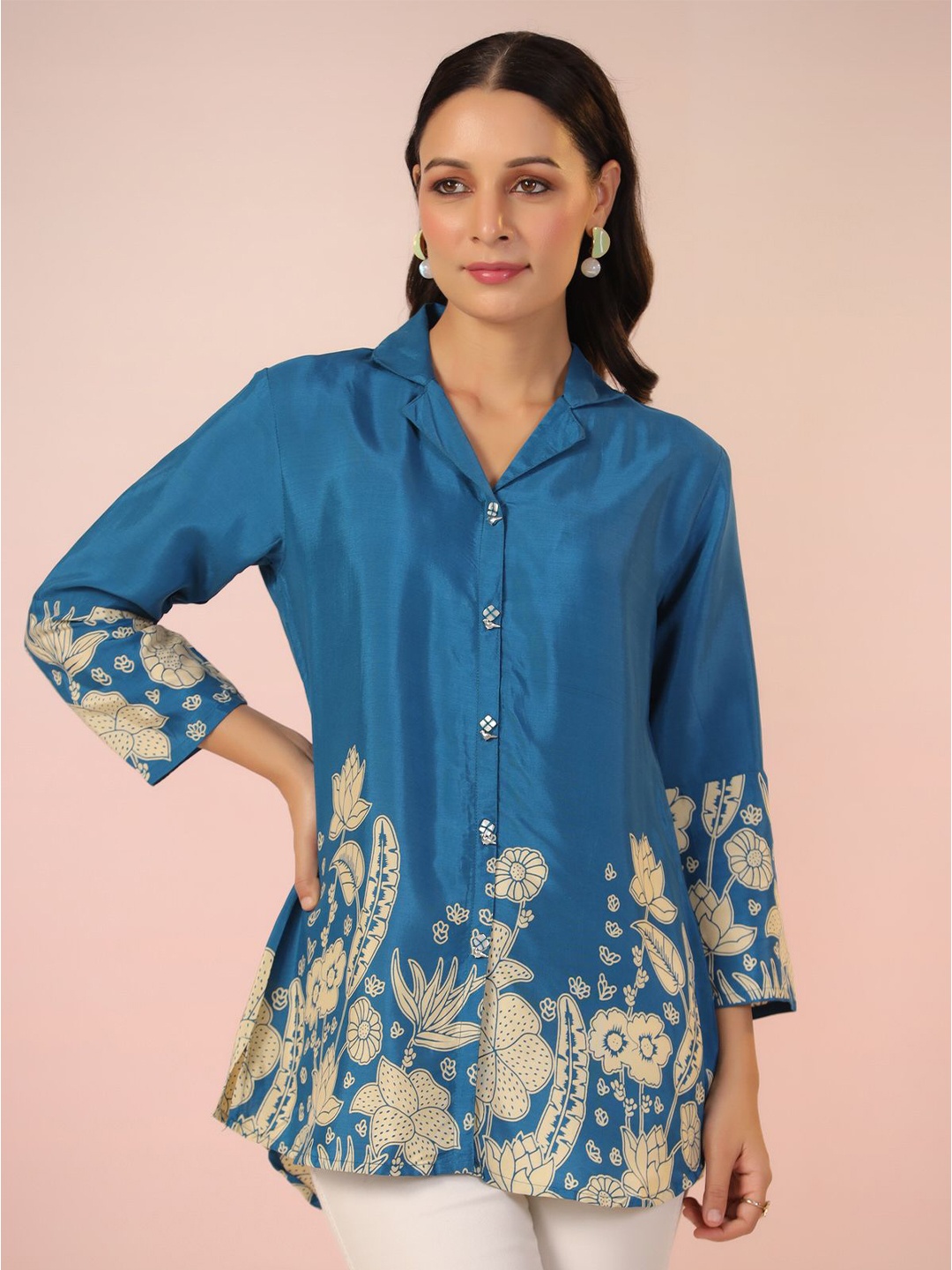 

JISORA Tropical Print Pure Silk Top, Blue