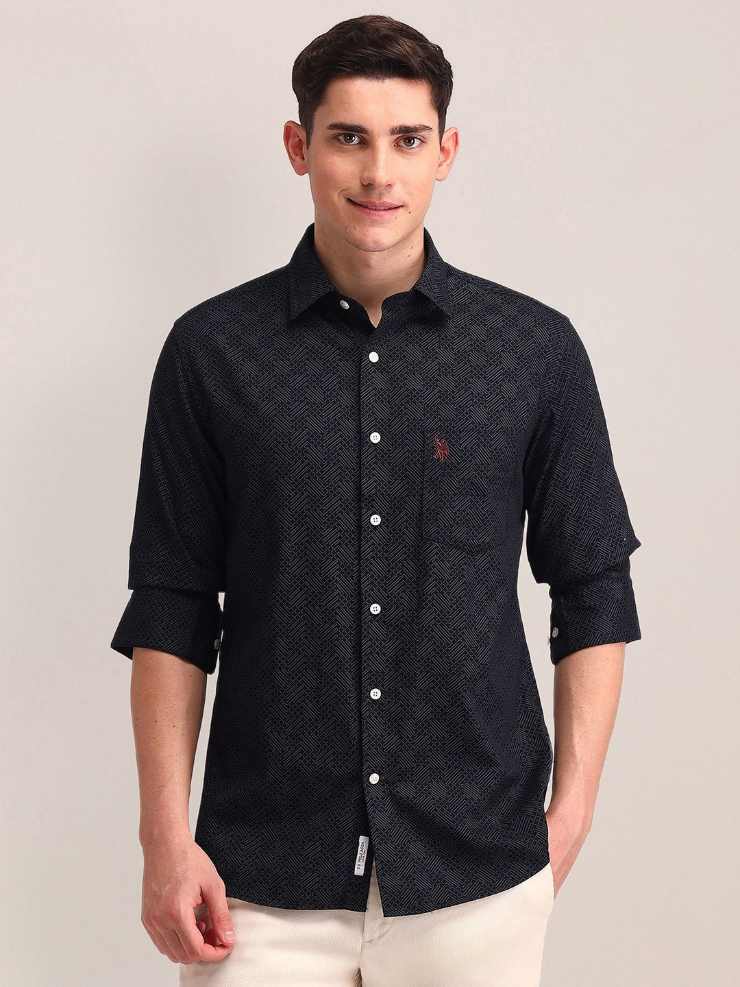 

U.S. Polo Assn. Men Tailored Fit Opaque Printed Formal Shirt, Black