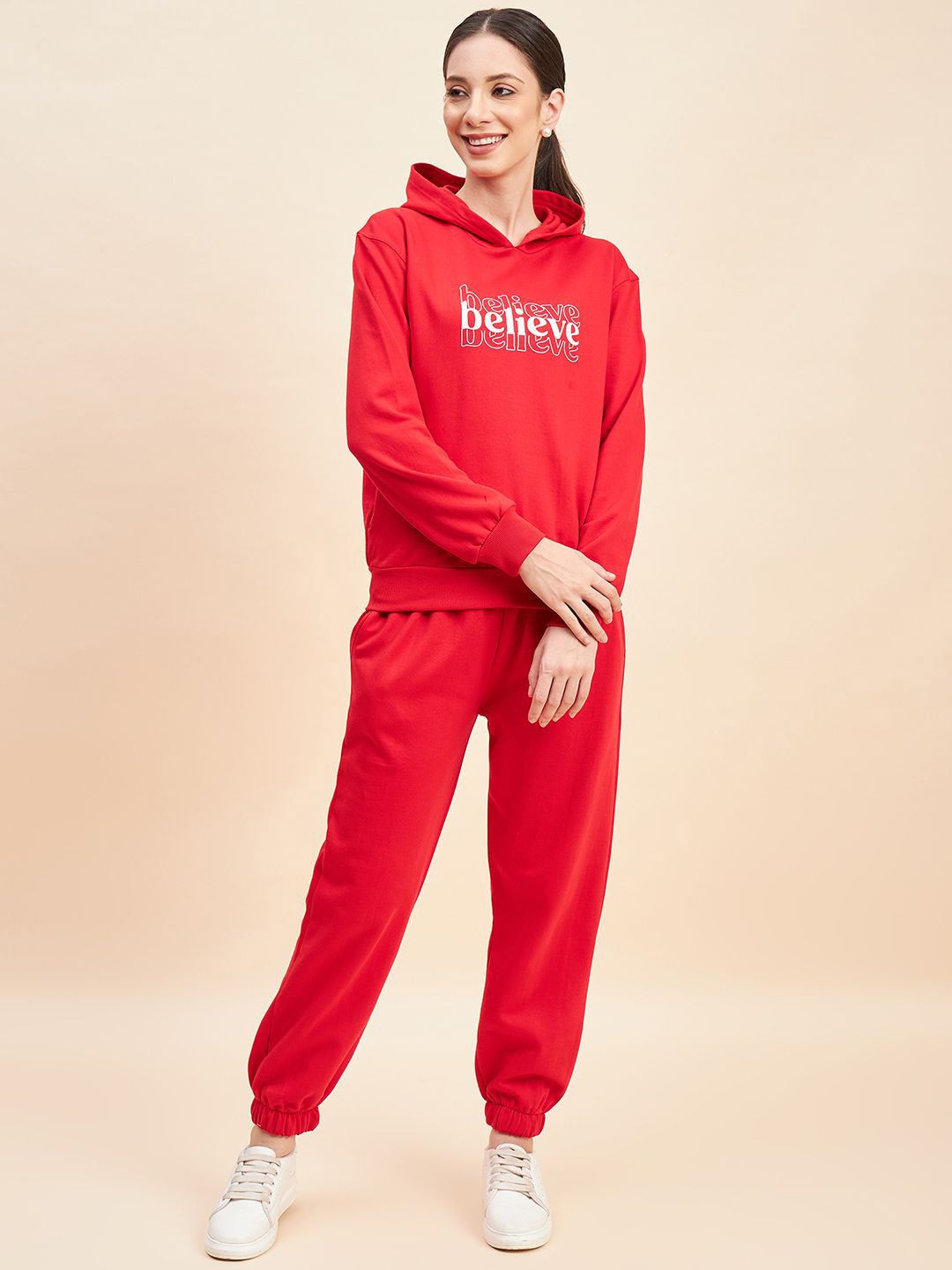 

Fabway Clothing Typography Printed Hooded Cotton Fleece Sweatshirt With Joggers, Red