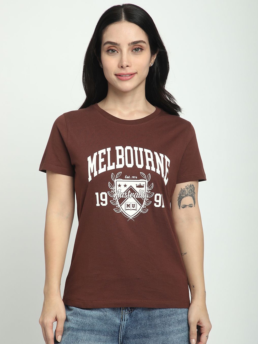 

R&B Women Graphic Printed Round Neck Cotton T-shirt, Brown