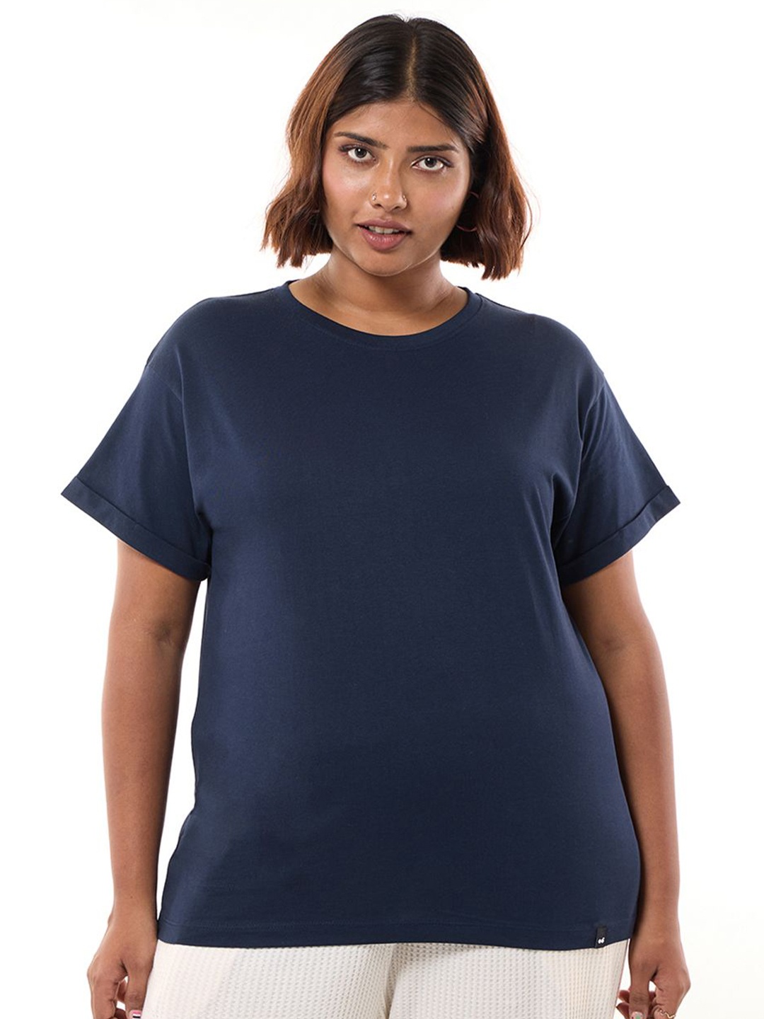 

Bewakoof Plus Women Pure Cotton T-shirt, Blue