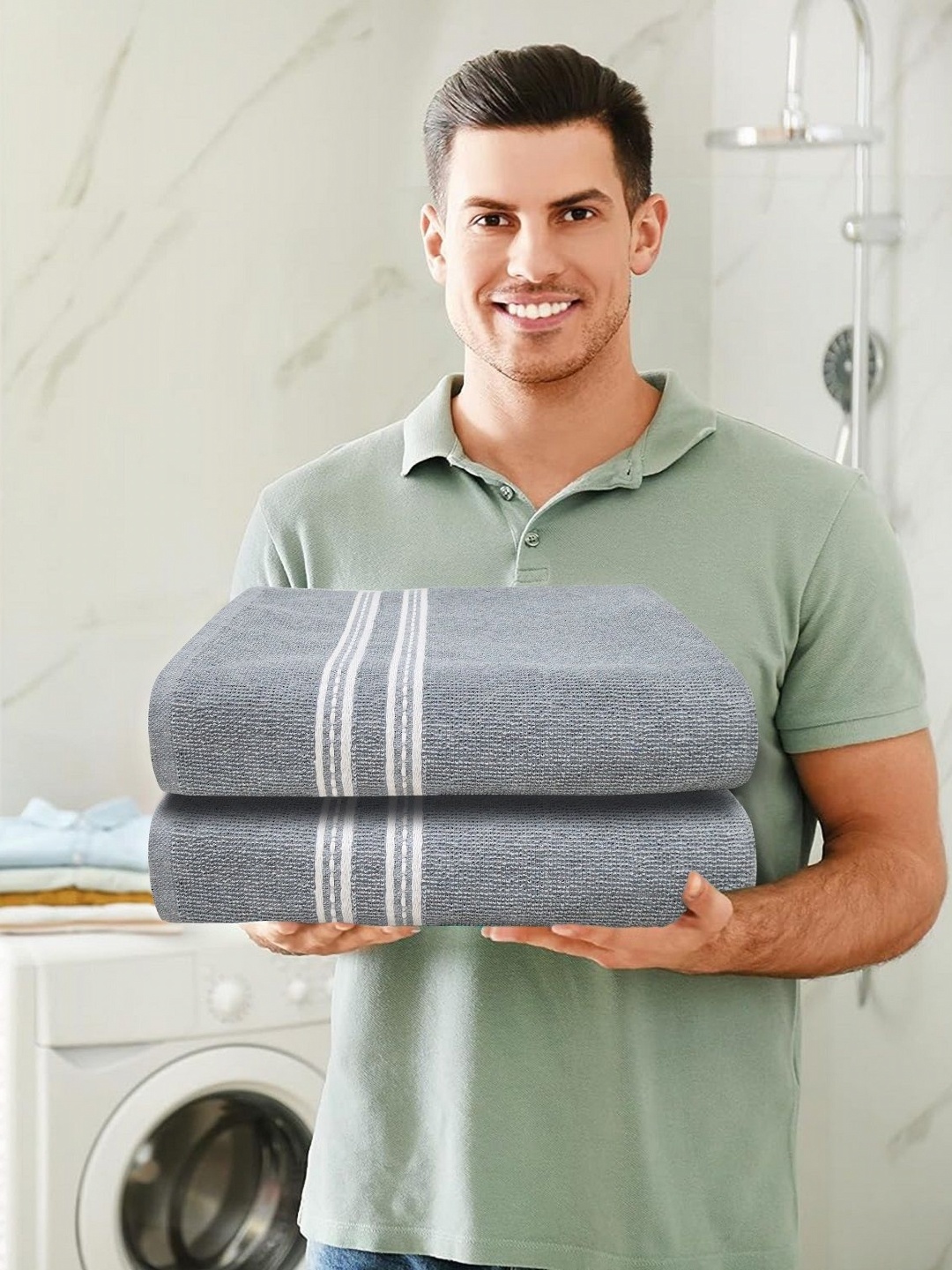 

LADLI JEE Grey & Lavender 2 Pieces Striped Pure Cotton 400 GSM Bath Towels