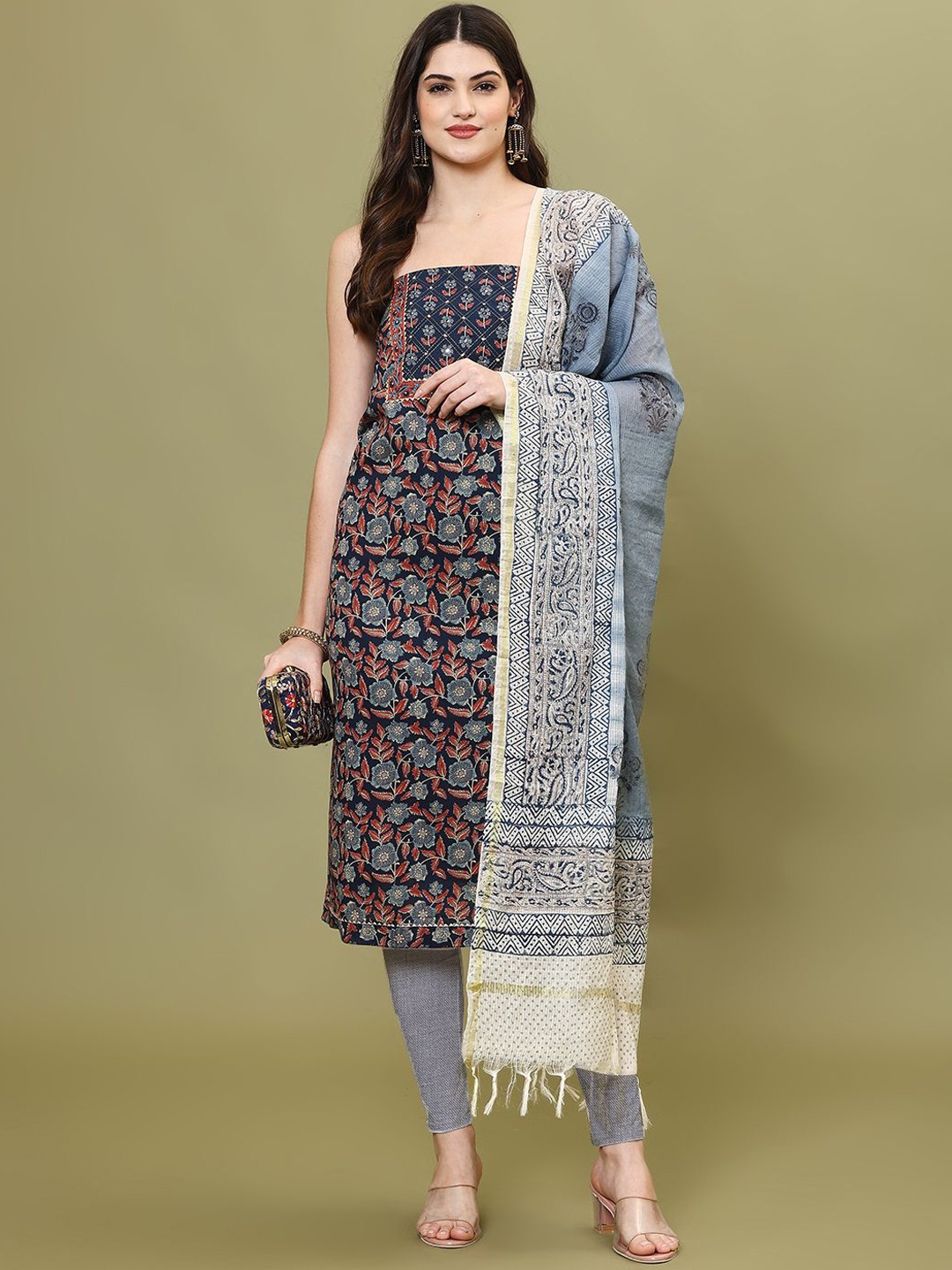 

Meena Bazaar Printed Unstitched Dress Material, Navy blue