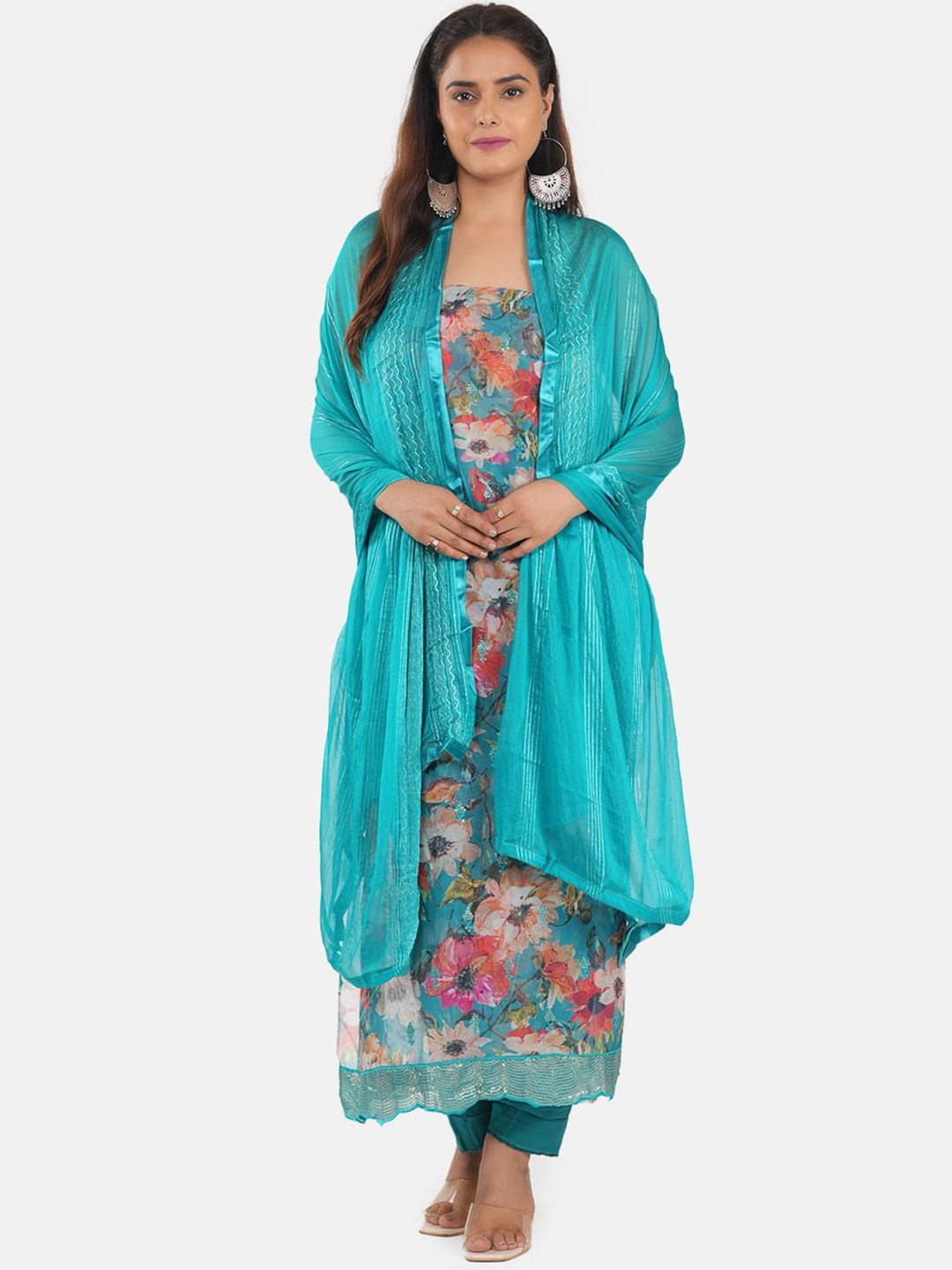 

MOZAFIA Floral Embroidered Sequinned Organza Unstitched Dress Material, Turquoise blue