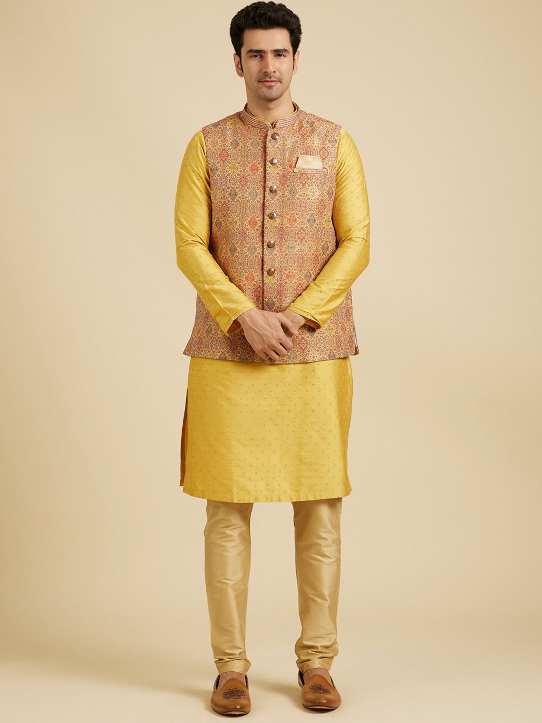 

Manyavar Embroidery Woven Nehru Jacket, Beige