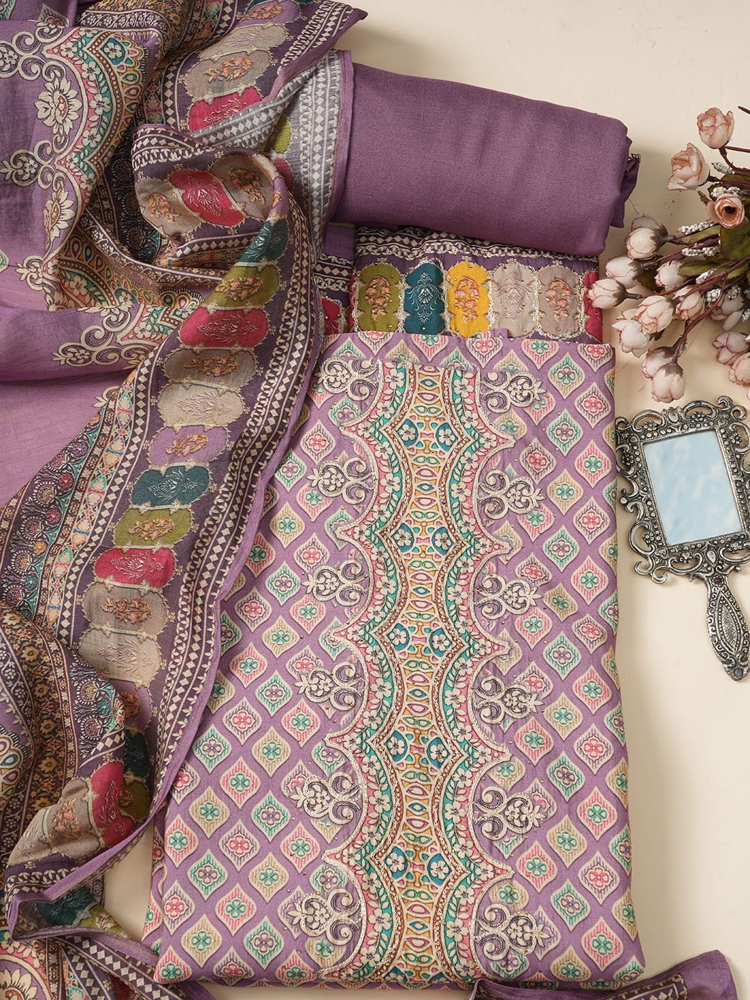 

MOZAFIA Ethnic Motifs Printed Pure Silk Unstitched Dress Material, Purple