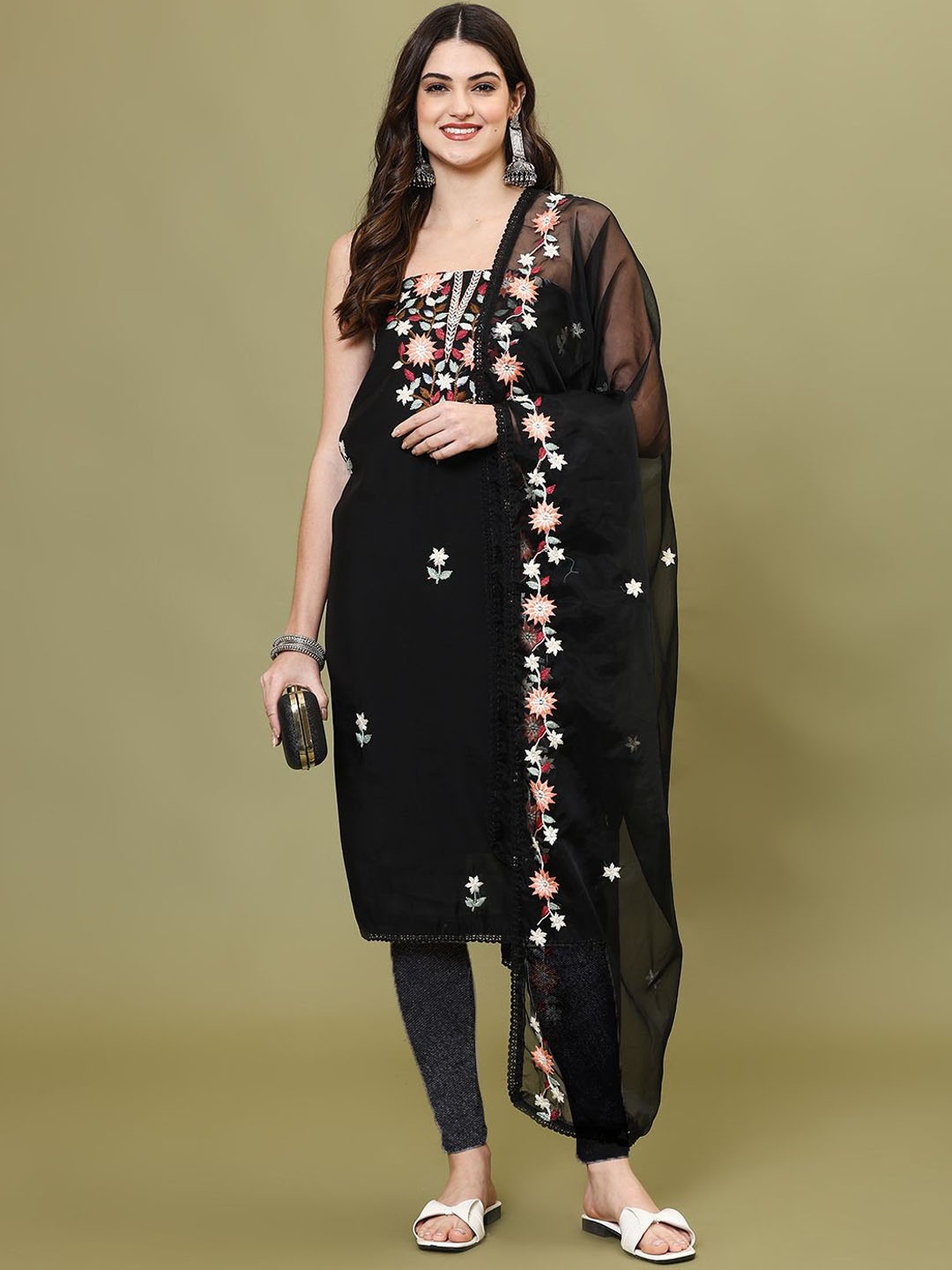 

Meena Bazaar Embroidered Art Silk Unstitched Dress Material, Black