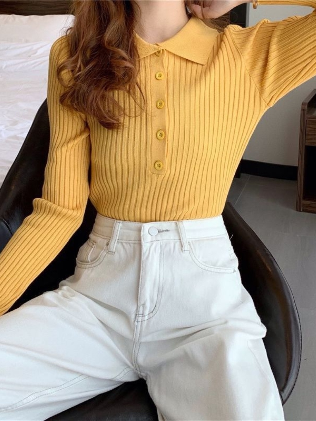 

HERE&NOW Women Shirt Collar Extended Sleeves Top, Yellow